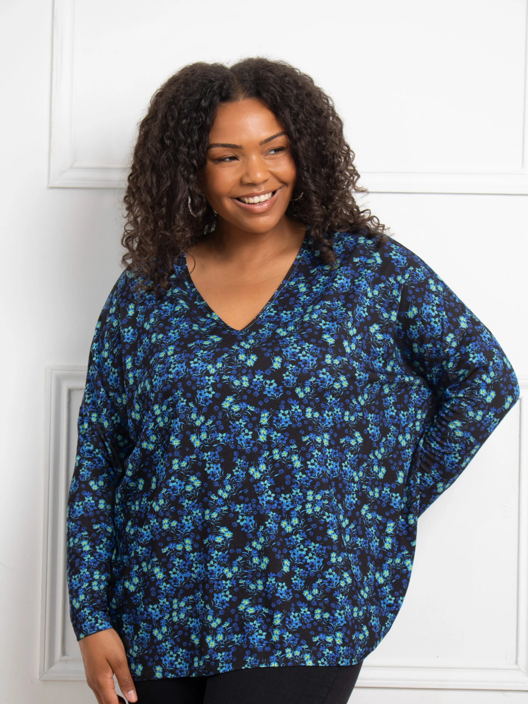 Blue & Black Ditsy Jersey Longsleeve Top - Image 2