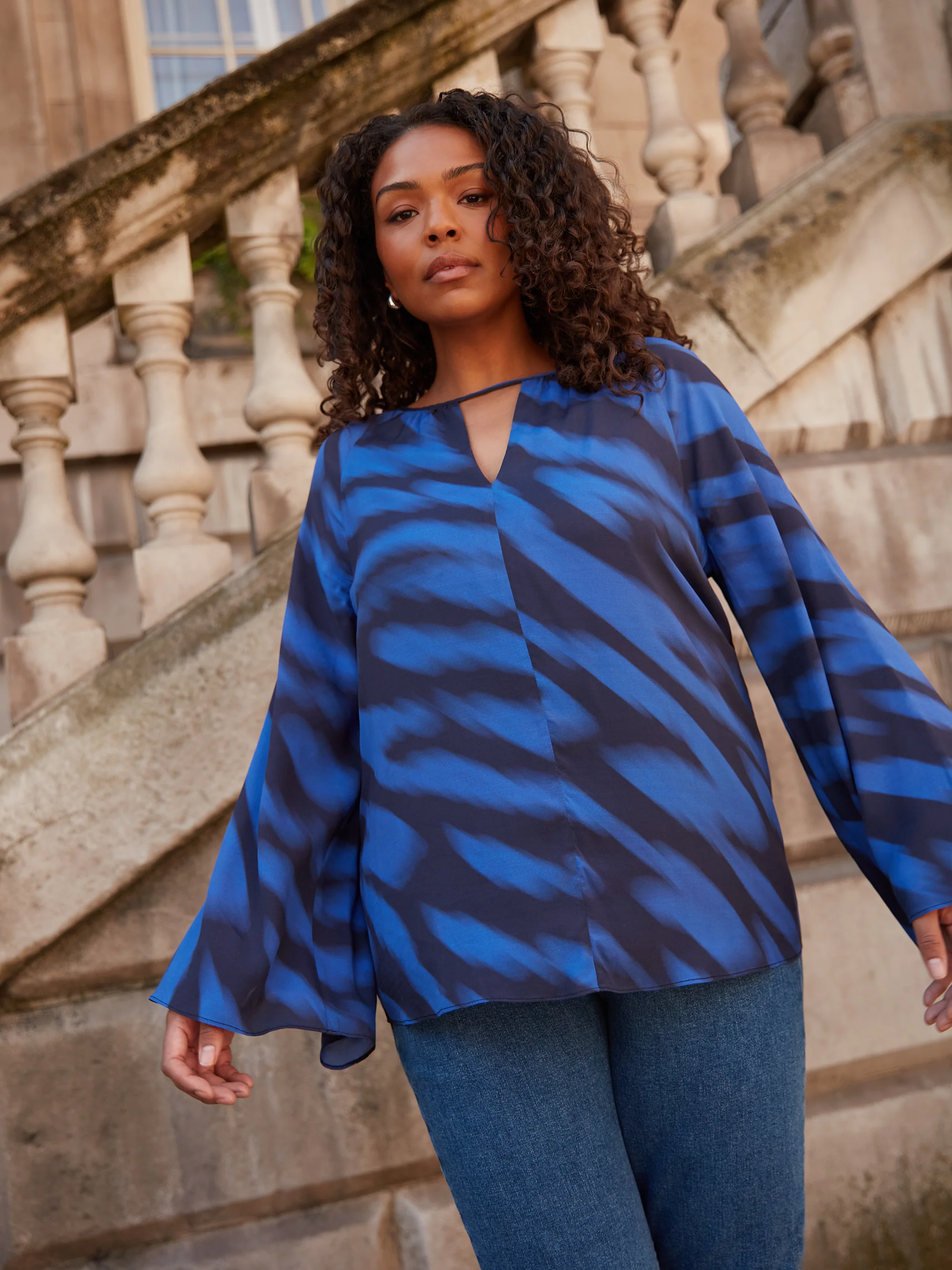 Blue & Black Printed Keyhole Blouse - Image 2