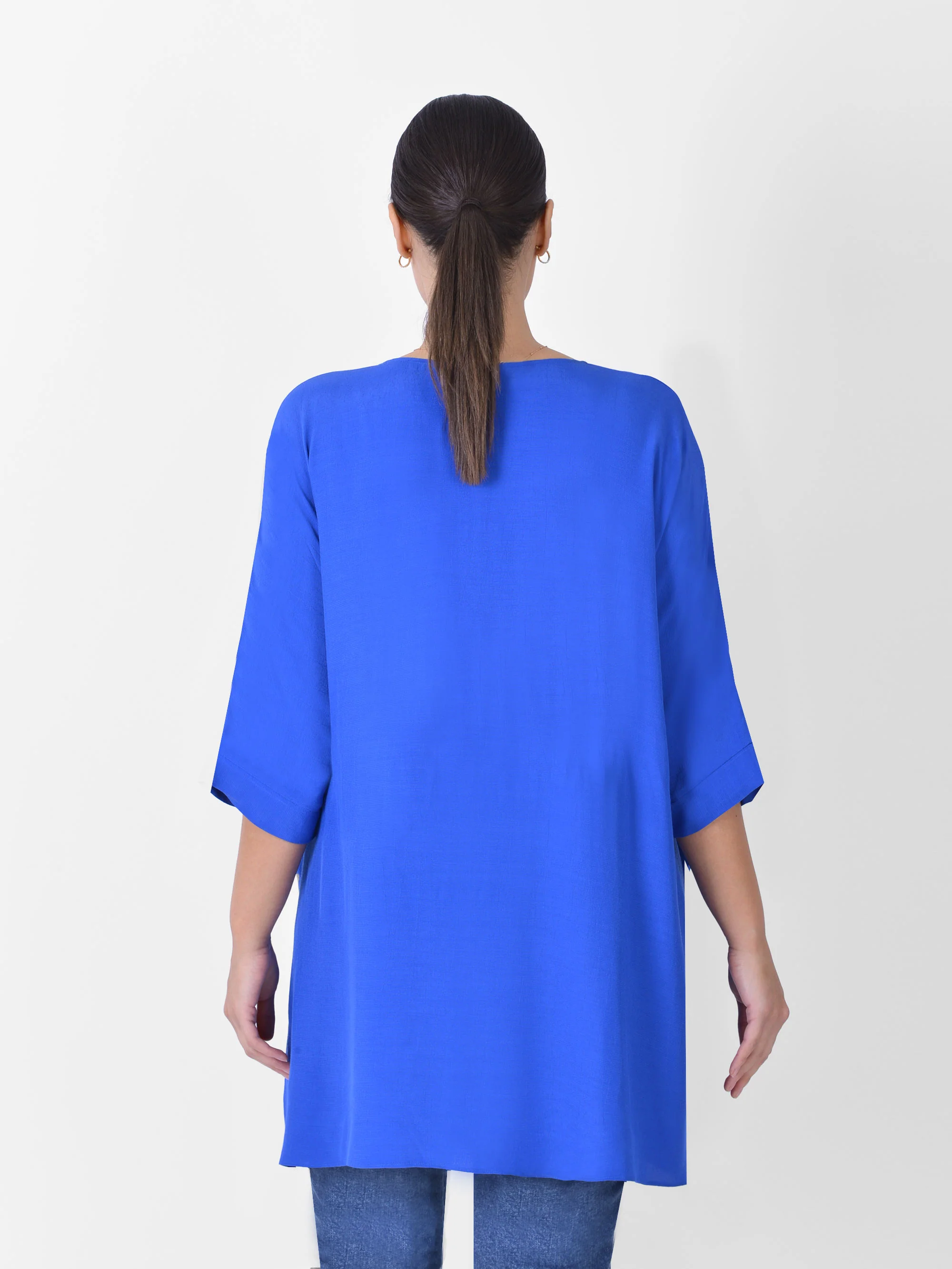 Blue Boxy Kimono Sleeve Blouse With Pockets - Image 2