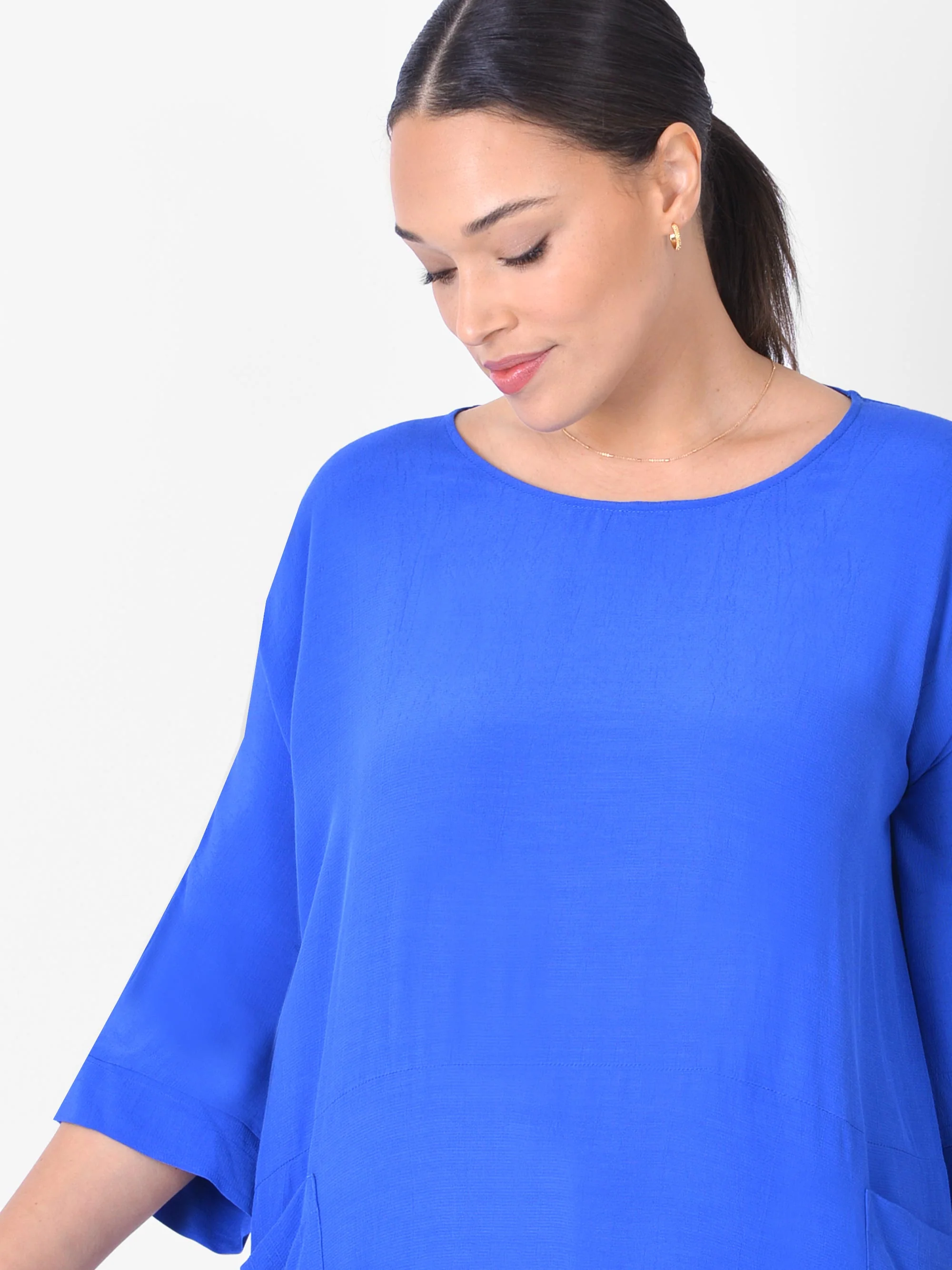 Blue Boxy Kimono Sleeve Blouse With Pockets - Image 3
