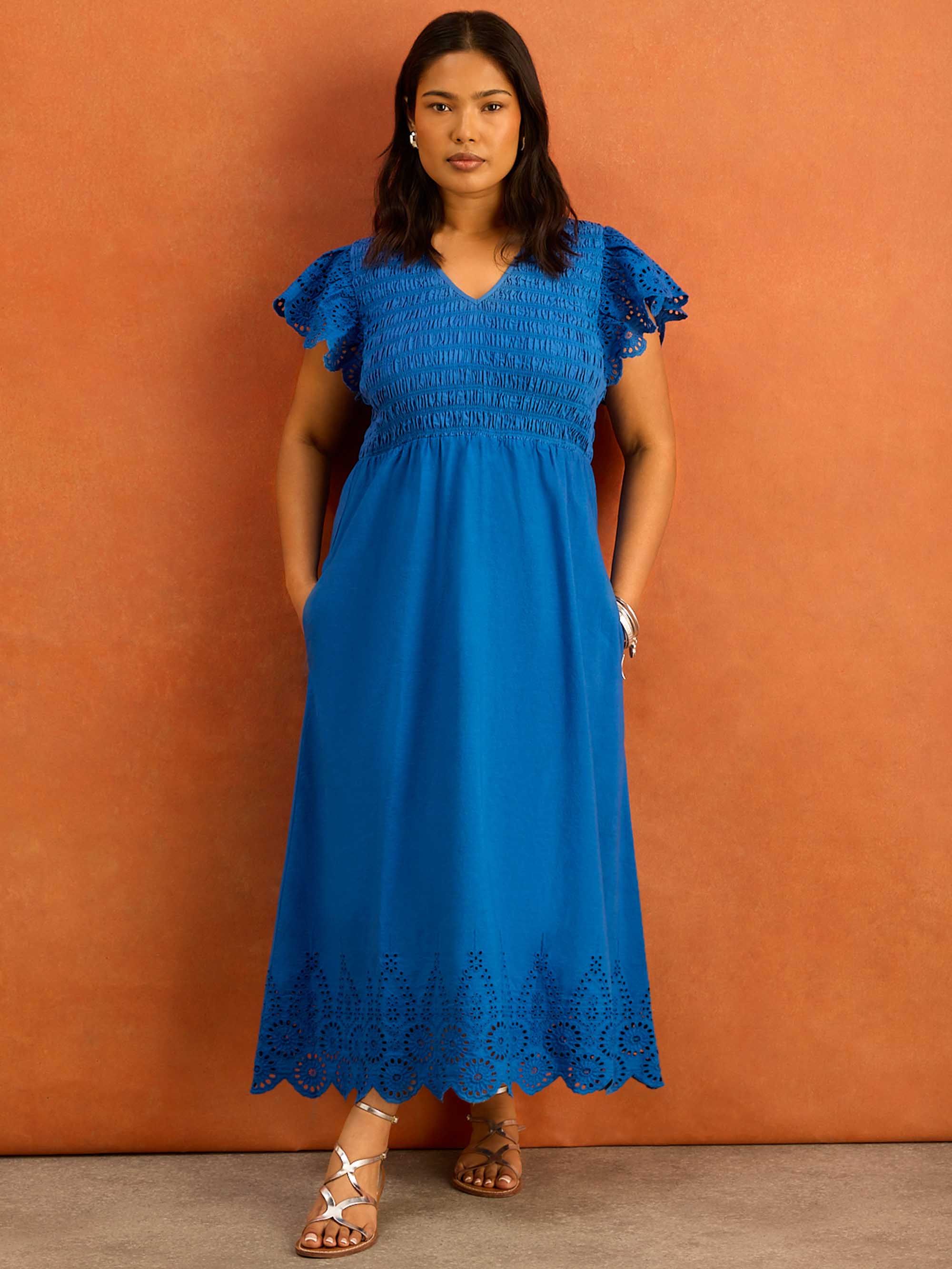 Blue Shirred Broderie Cotton Midi Dress - Image 2