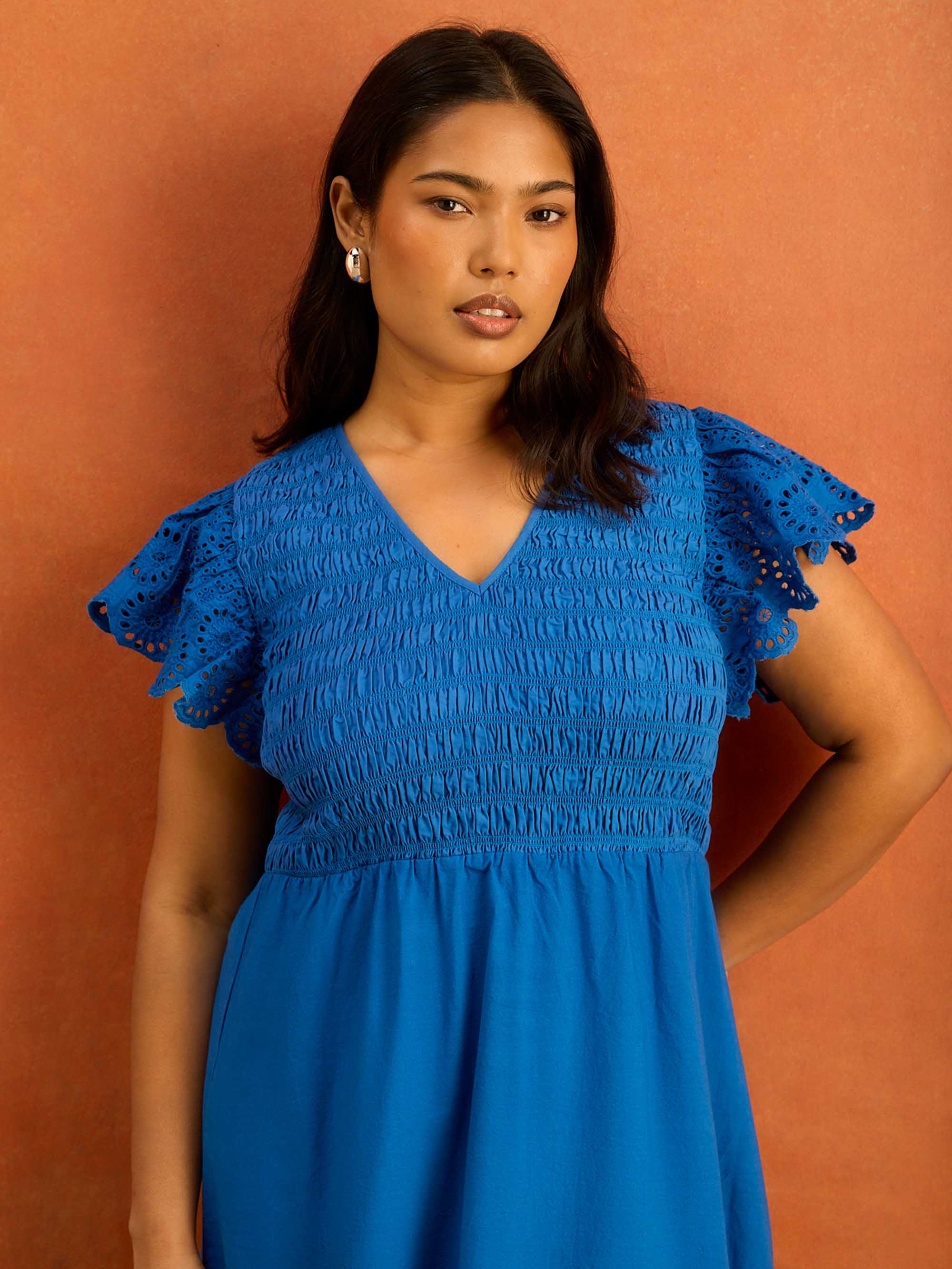 Blue Shirred Broderie Cotton Midi Dress - Image 3