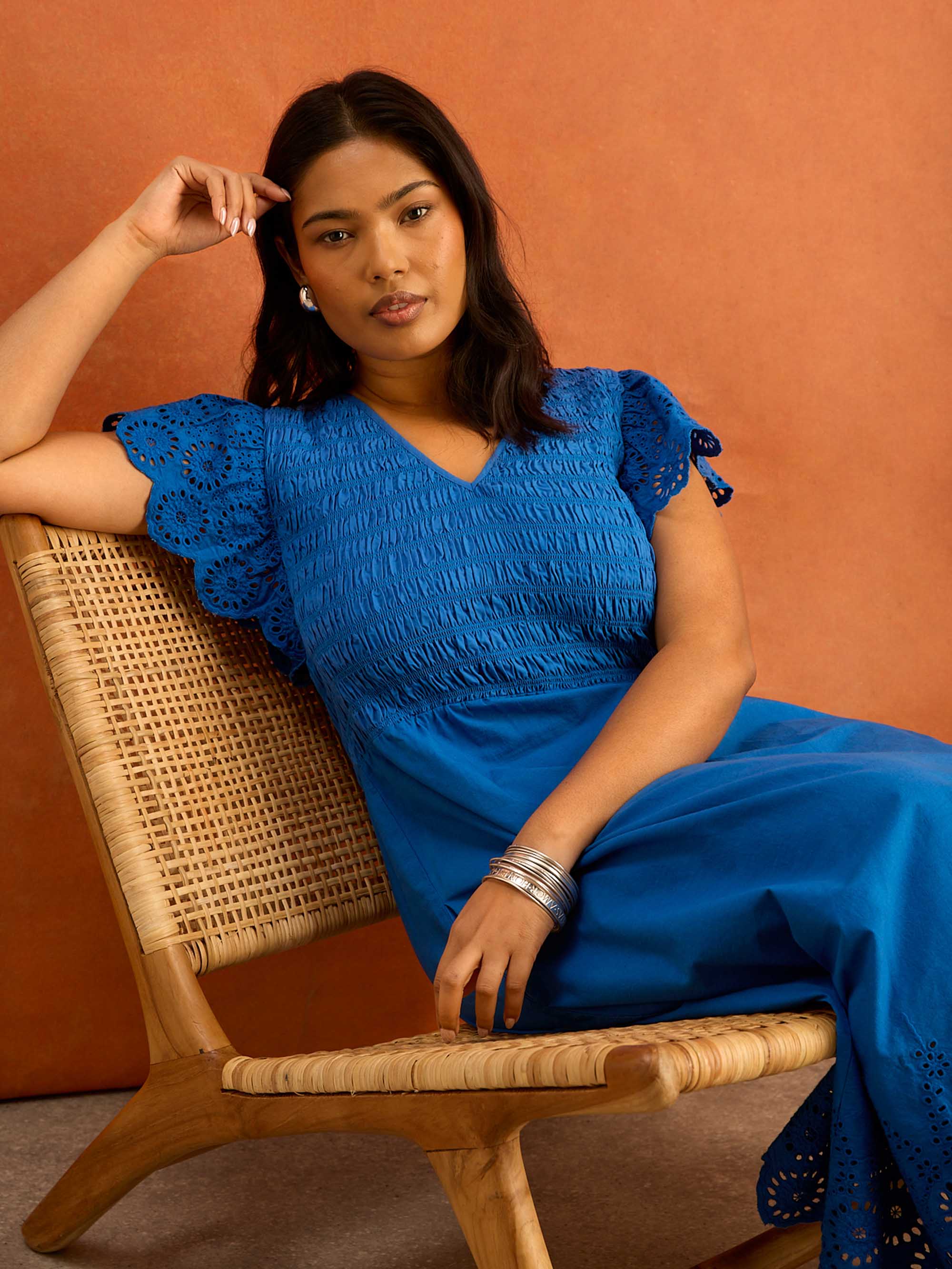 Blue Shirred Broderie Cotton Midi Dress - Image 4