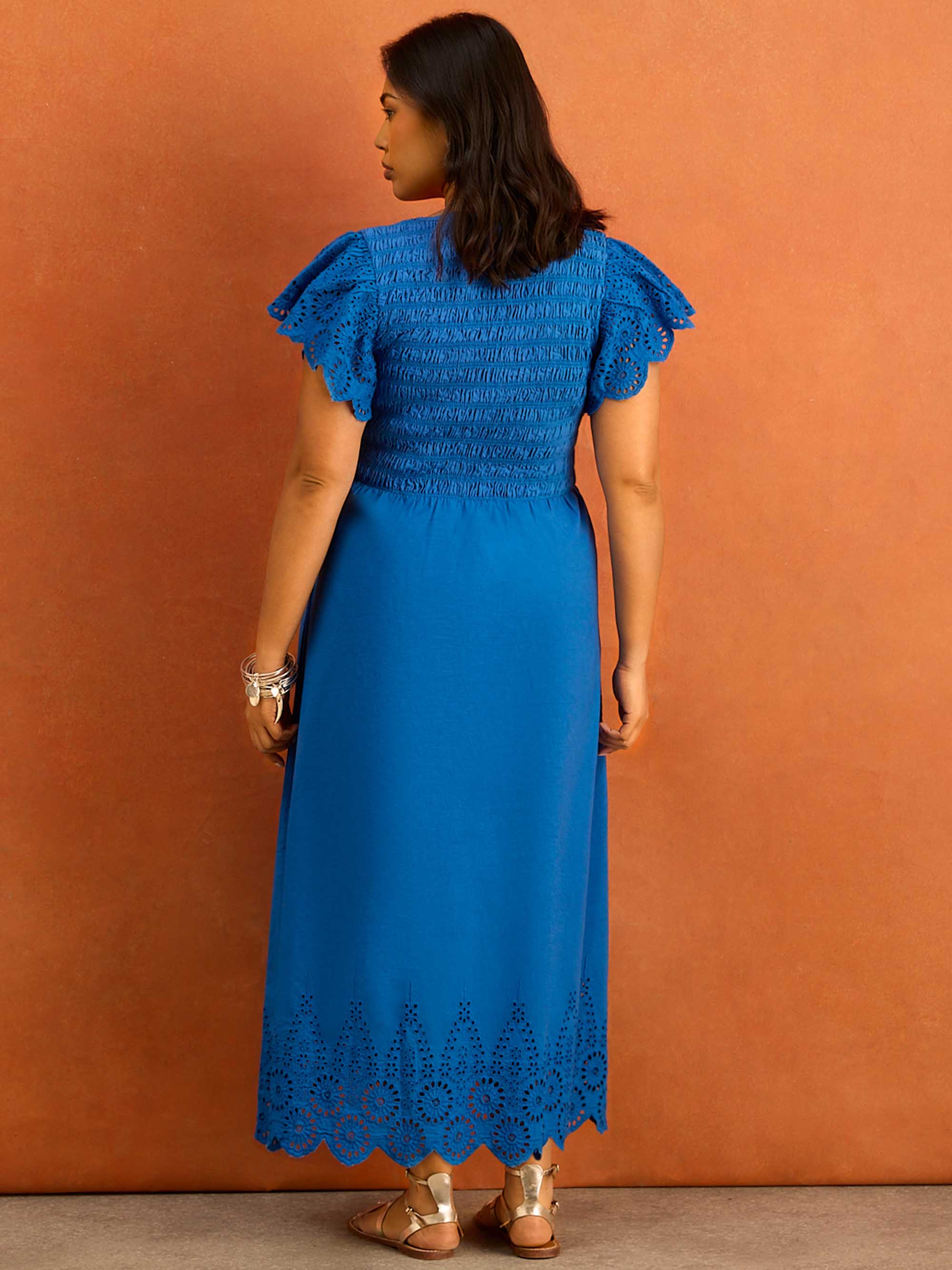 Blue Shirred Broderie Cotton Midi Dress - Image 5