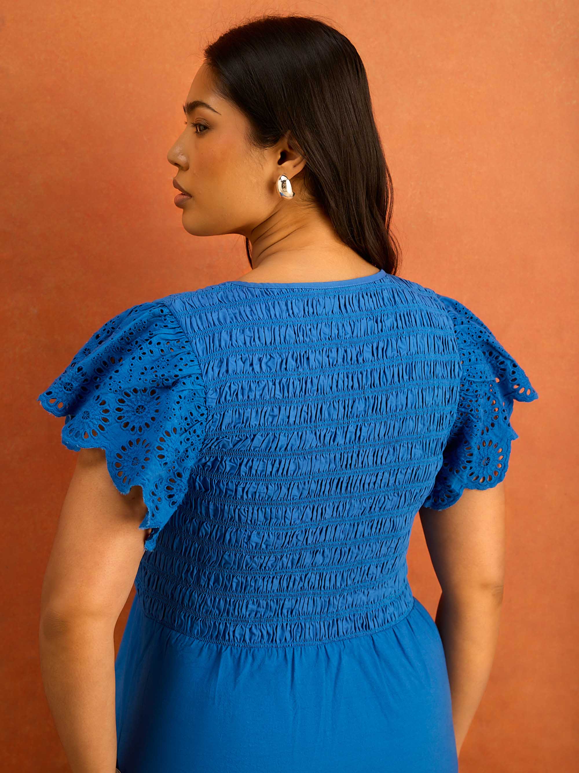 Blue Shirred Broderie Cotton Midi Dress - Image 6