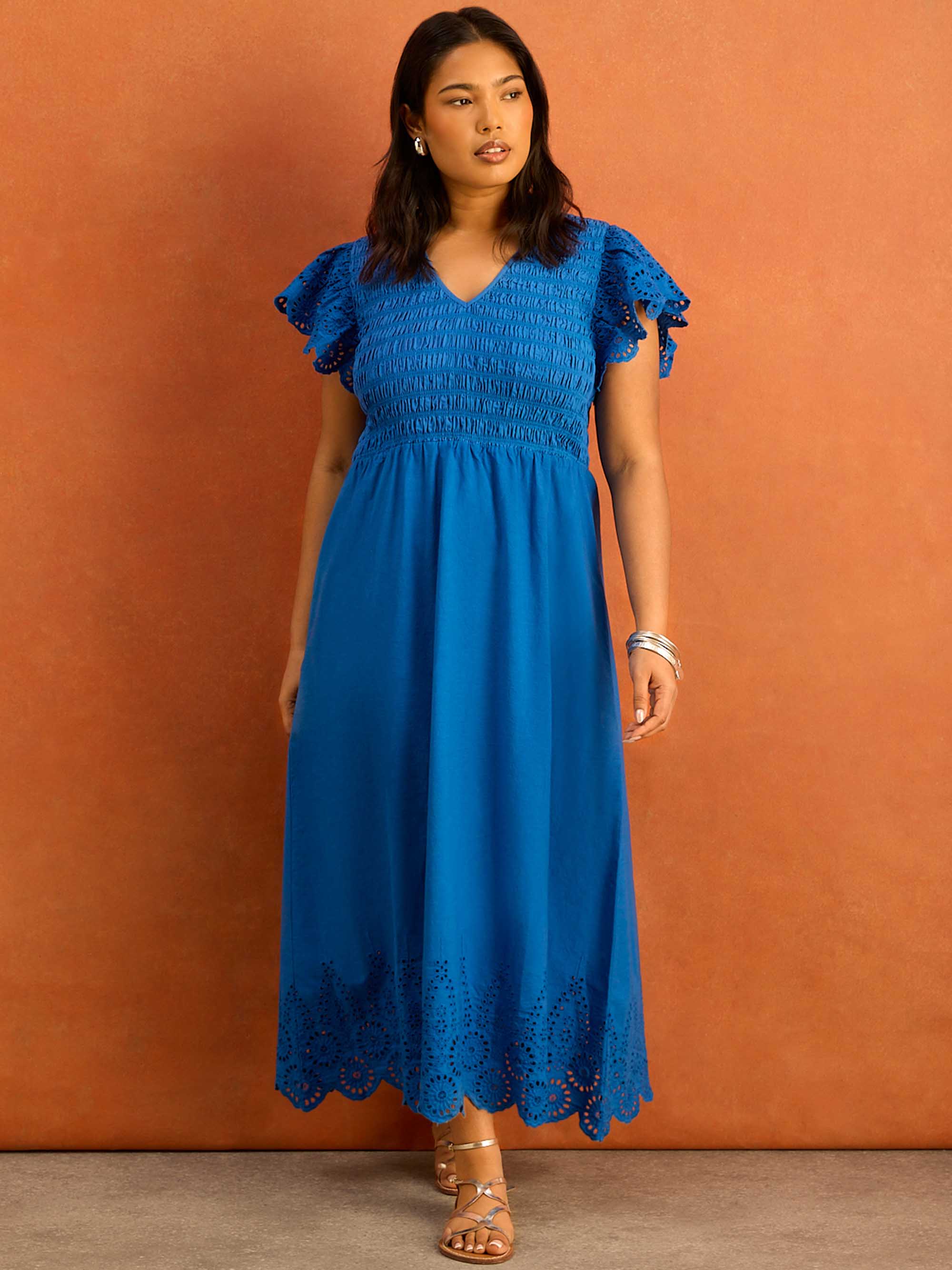 Blue Shirred Broderie Cotton Midi Dress - Image 7