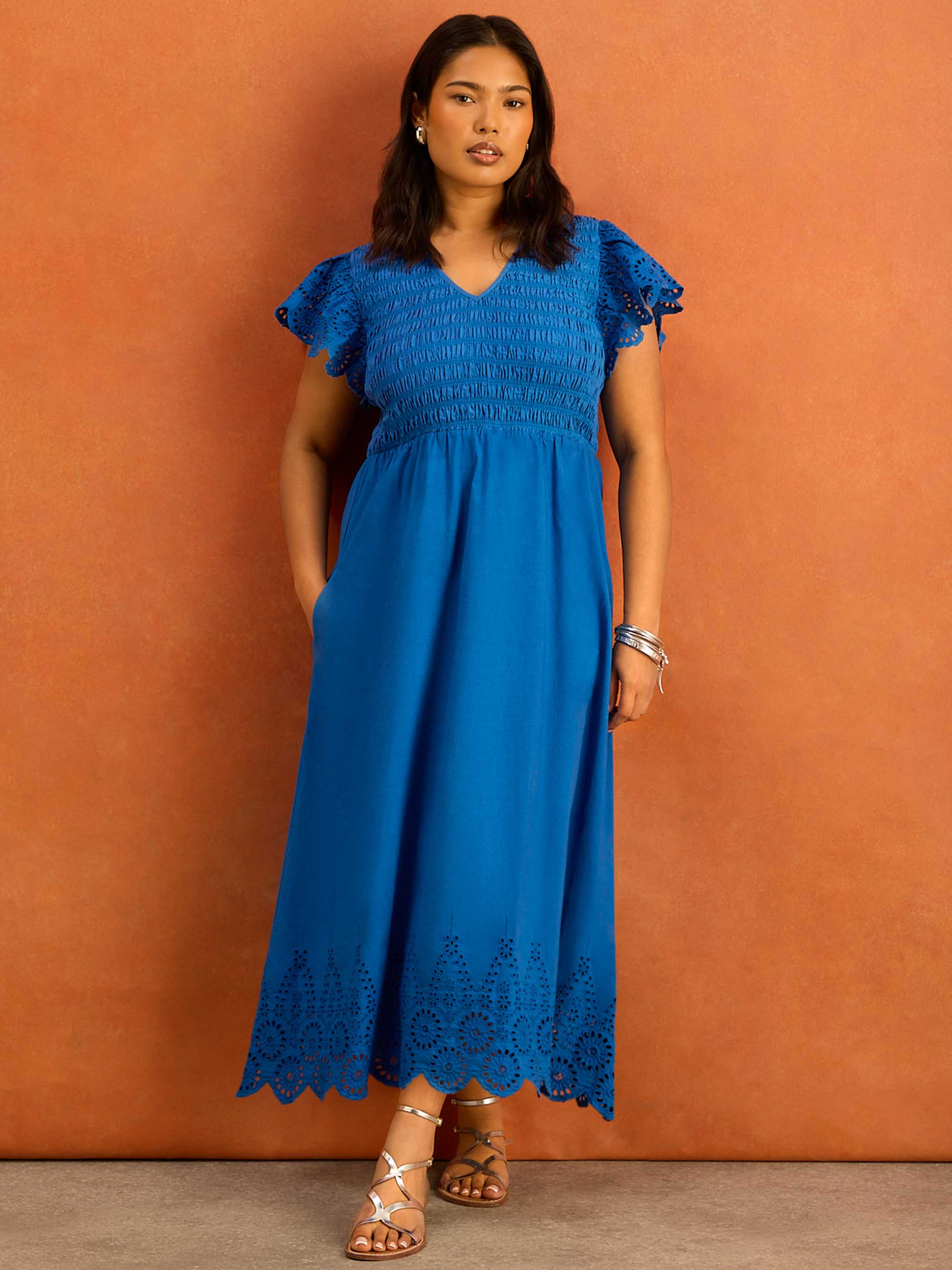 Blue Shirred Broderie Cotton Midi Dress - Image 8