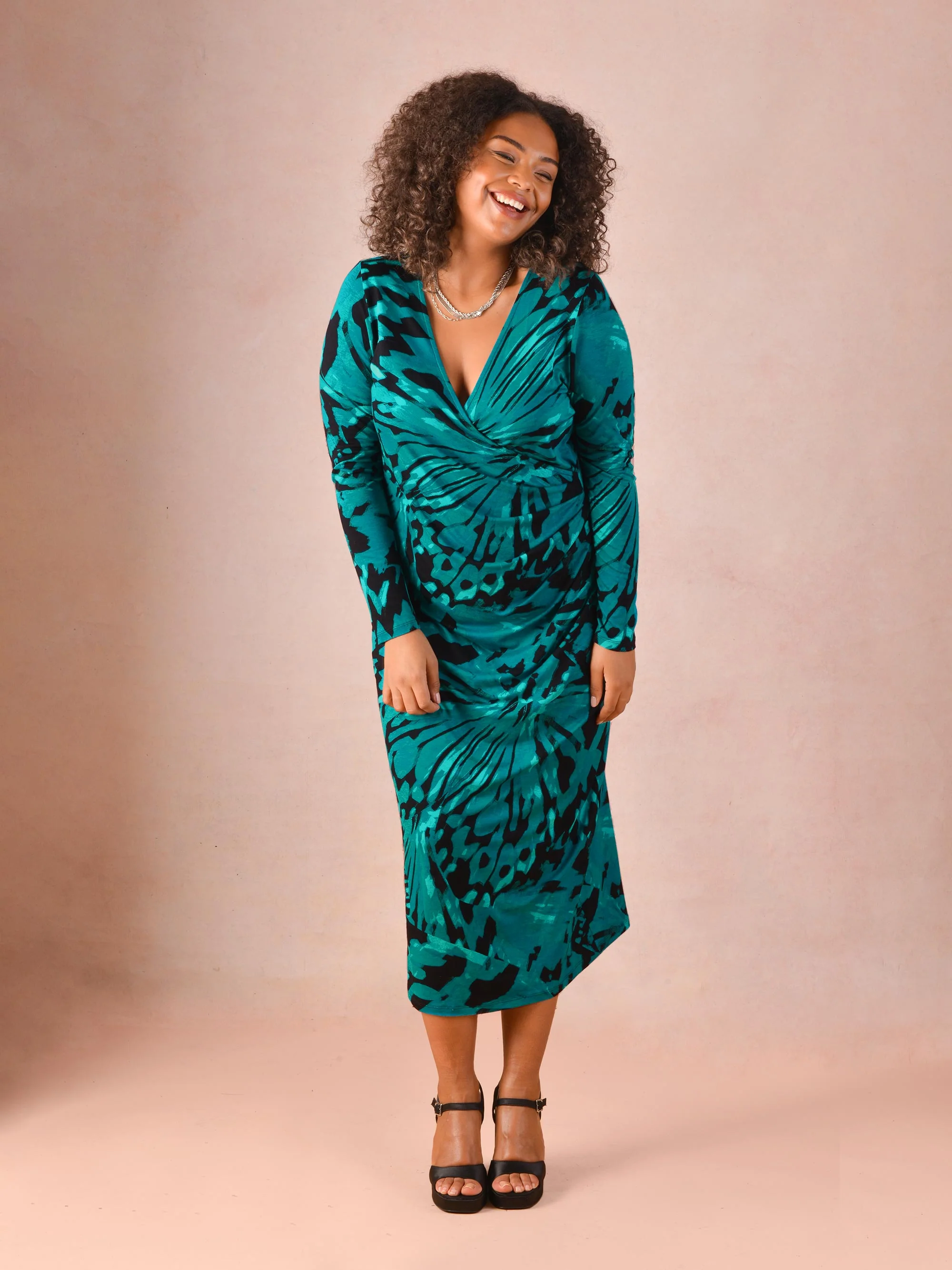 Blue Butterfly Print Mock Wrap Jersey Midi Dress - Image 3