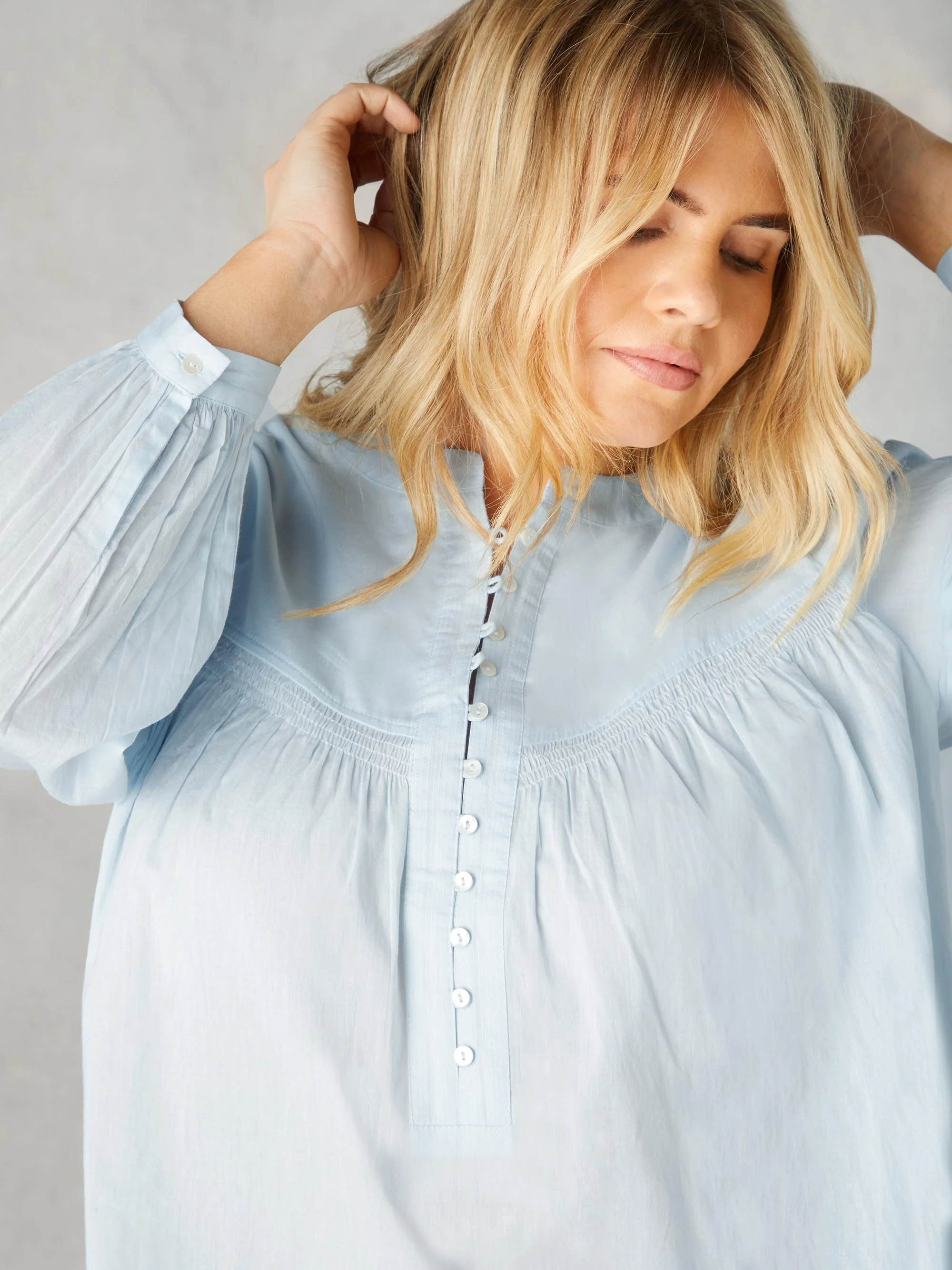 Blue Cotton Button Front Relaxed Blouse - Image 2