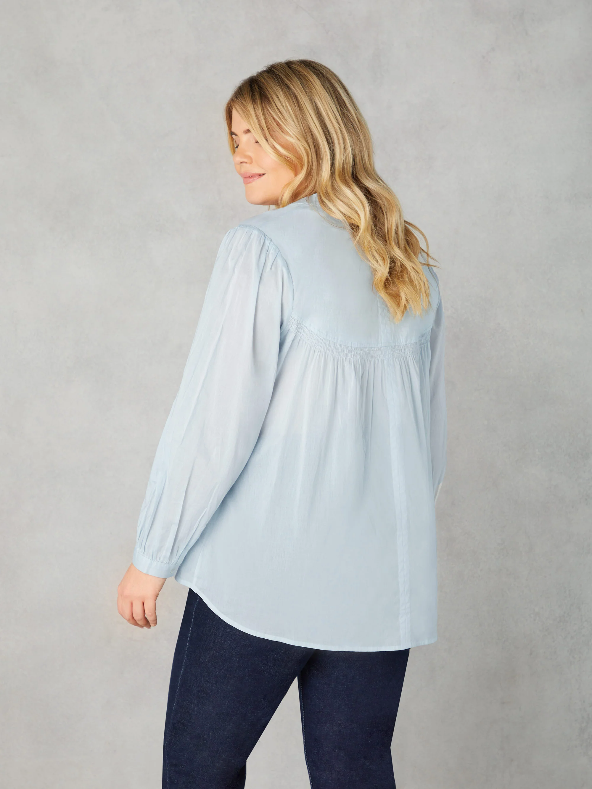 Blue Cotton Button Front Relaxed Blouse - Image 3