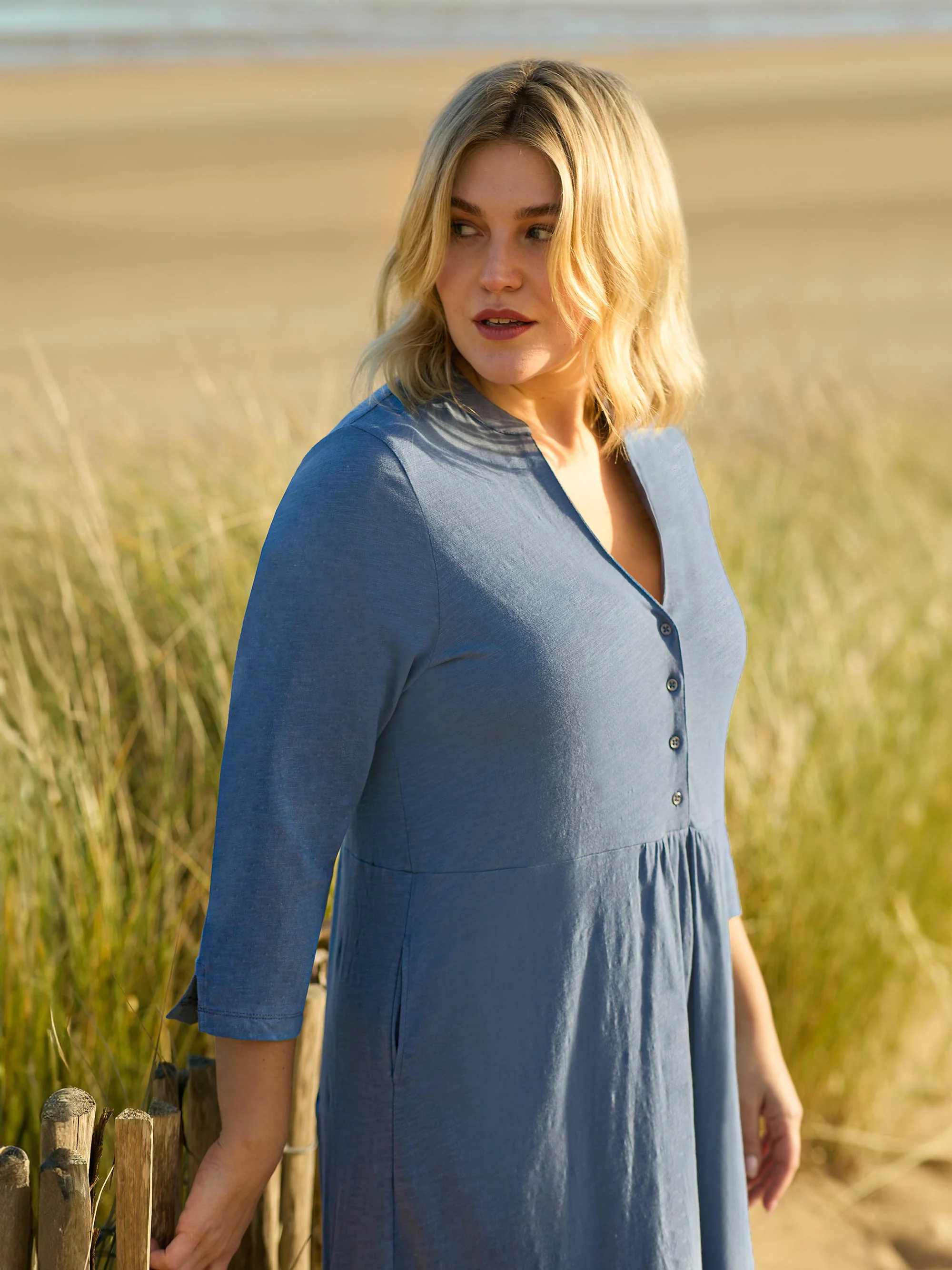 Blue Cotton Slub Button Front Midi Dress - Image 2