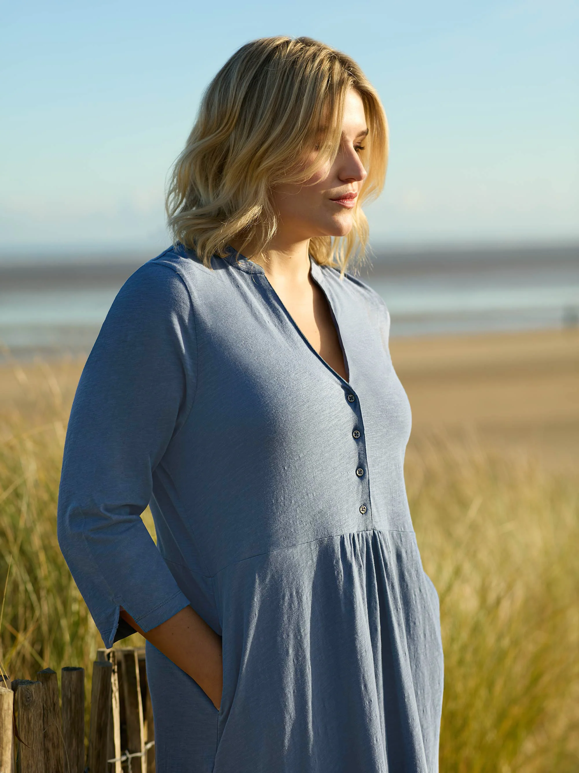Blue Cotton Slub Button Front Midi Dress - Image 3