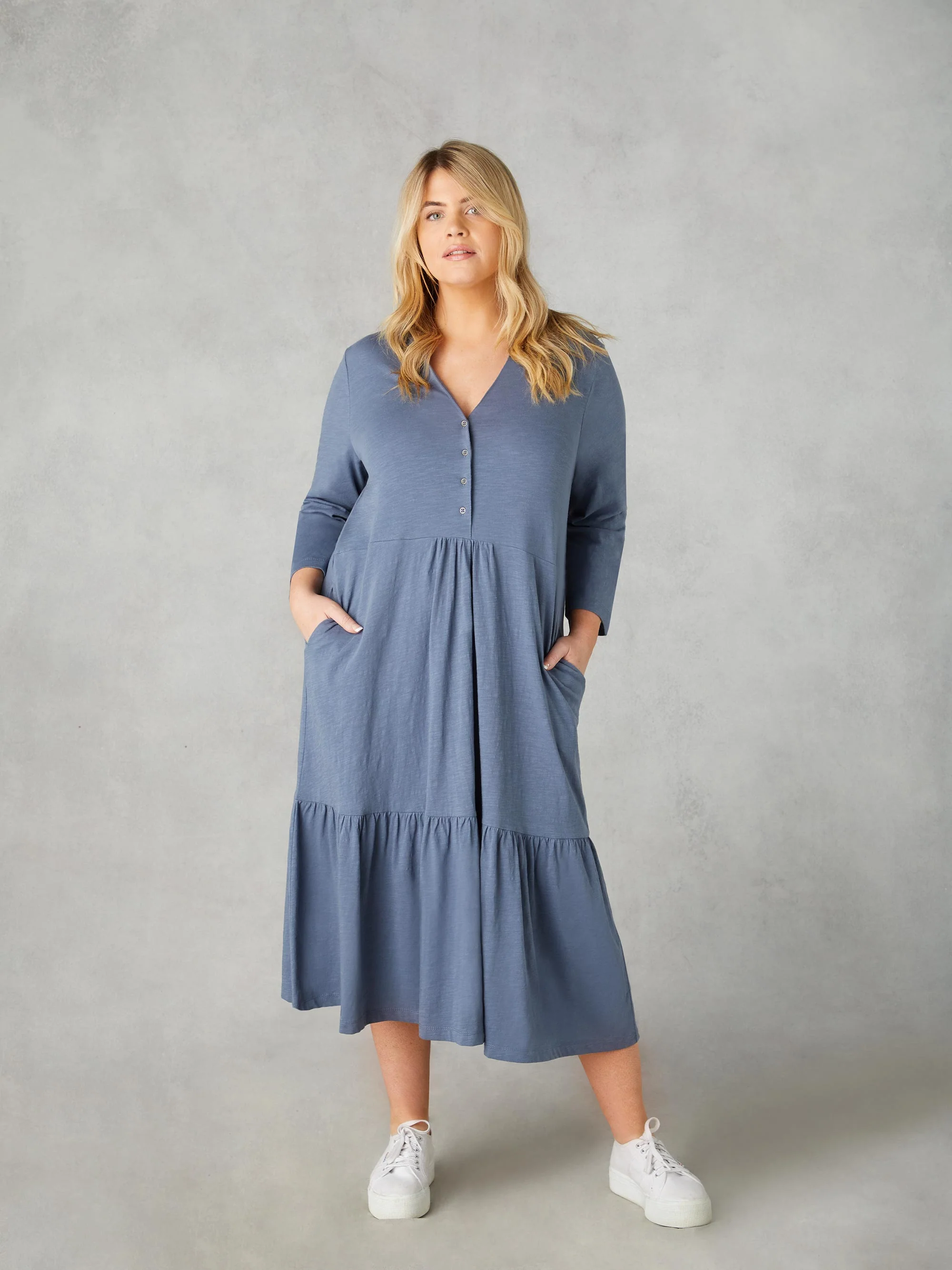Blue Cotton Slub Button Front Midi Dress - Image 4