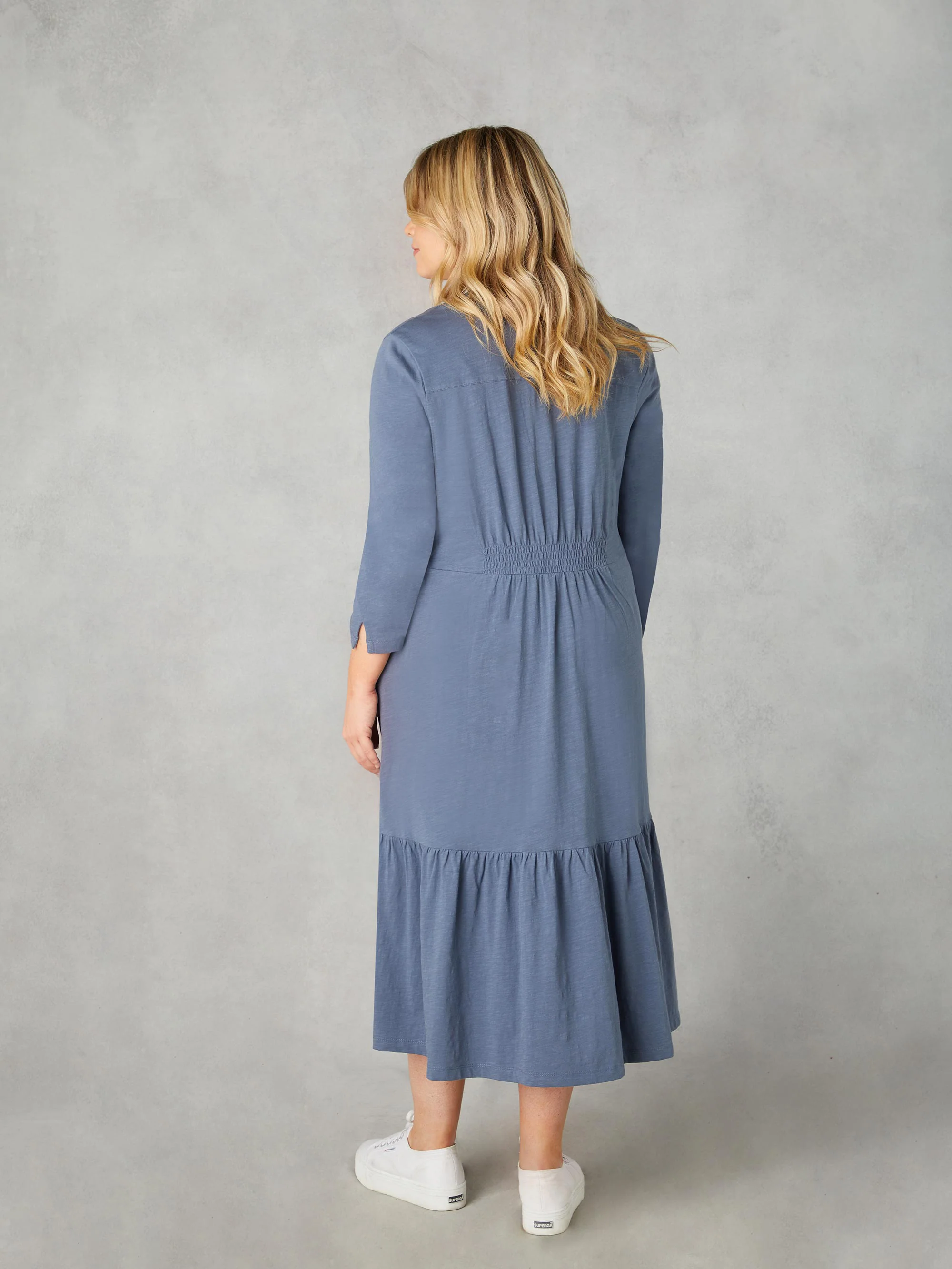 Blue Cotton Slub Button Front Midi Dress - Image 9