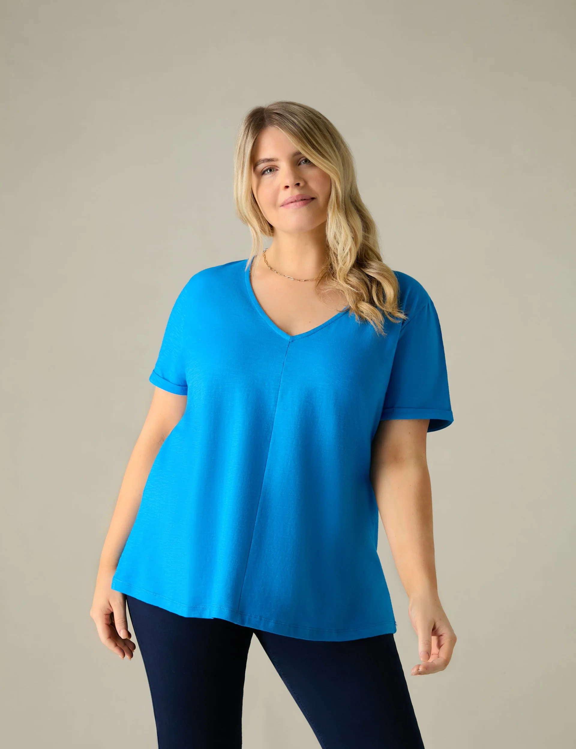 Blue Cotton Slub V-Neck T-Shirt - Image 2