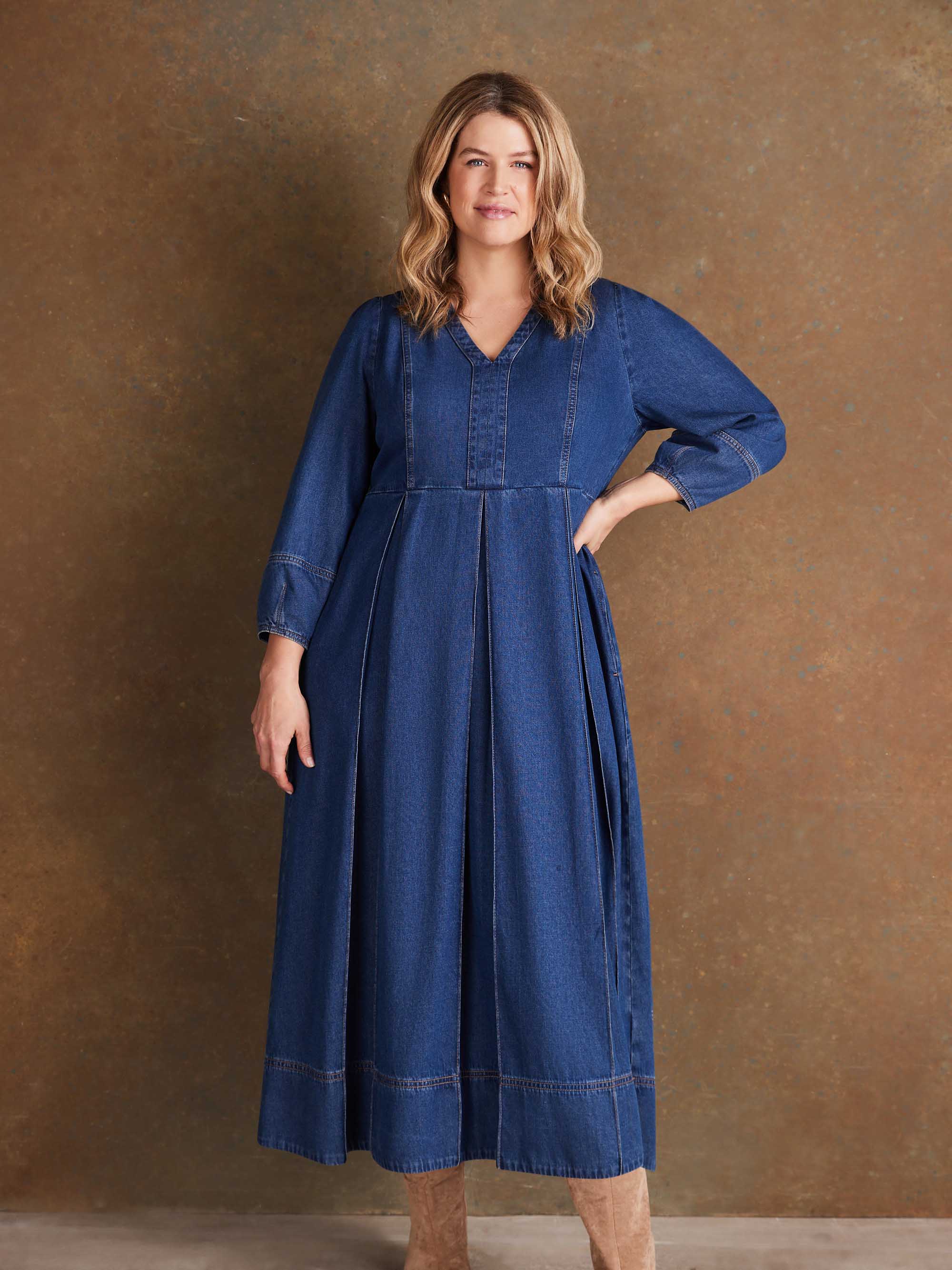 Blue Denim V Neck Dress - Image 3