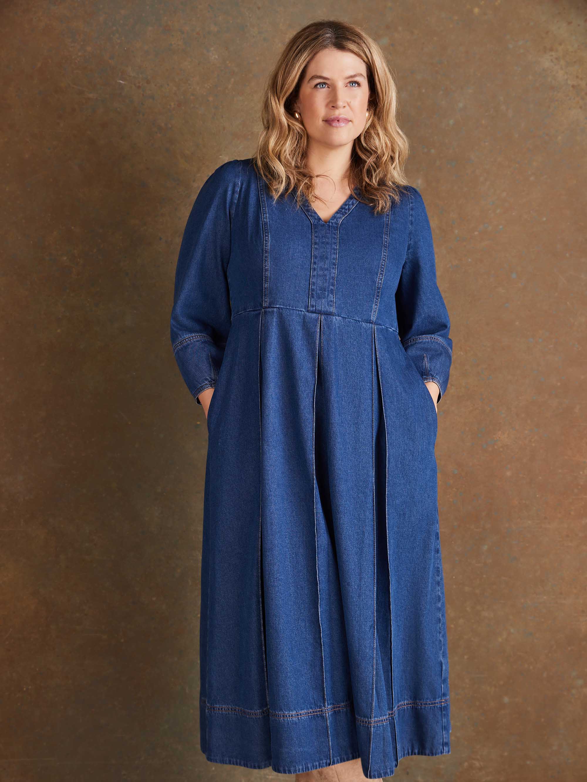 Blue Denim V Neck Dress - Image 4
