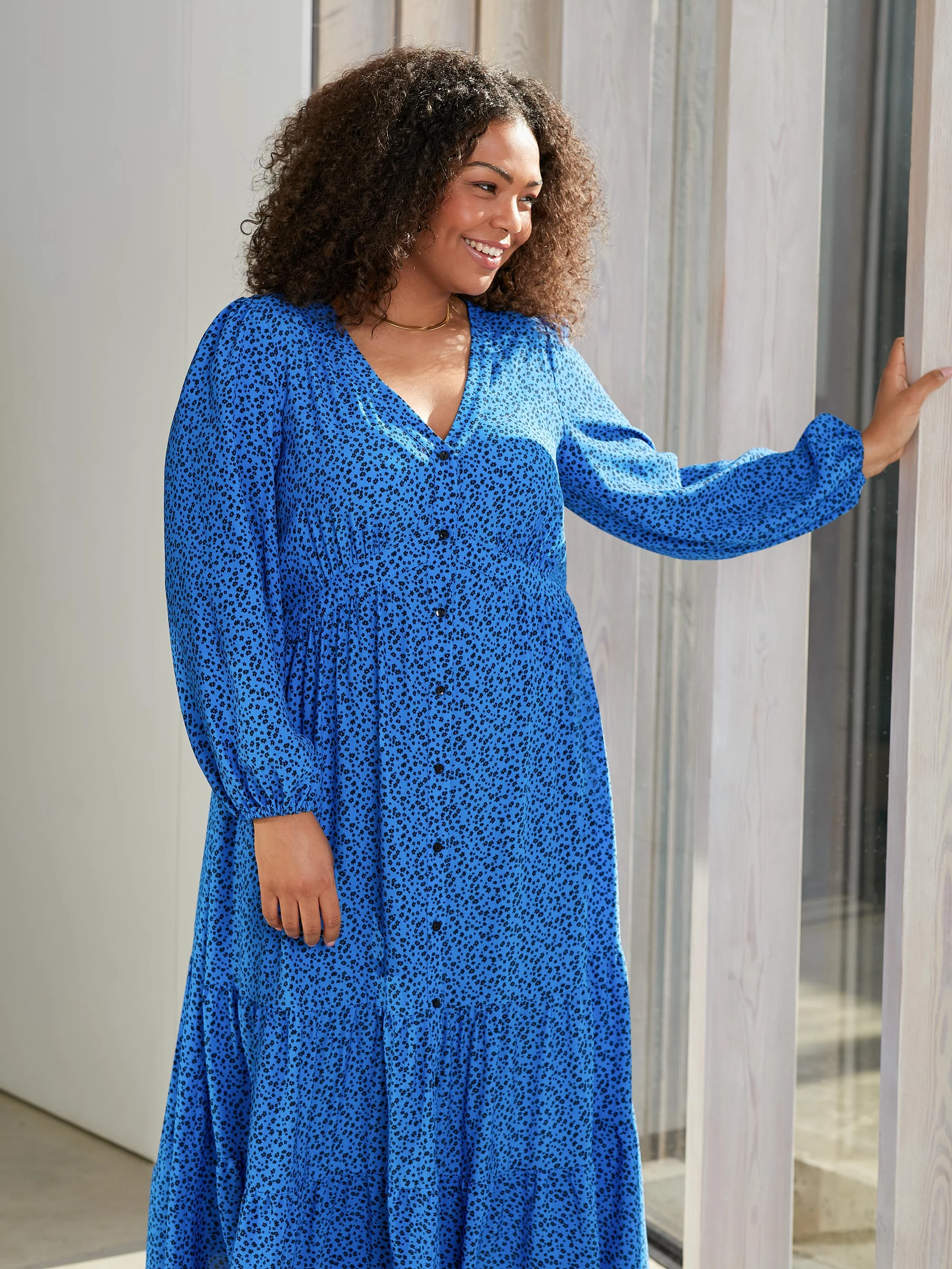 Blue Ditsy Button Front Midaxi Dress - Image 7
