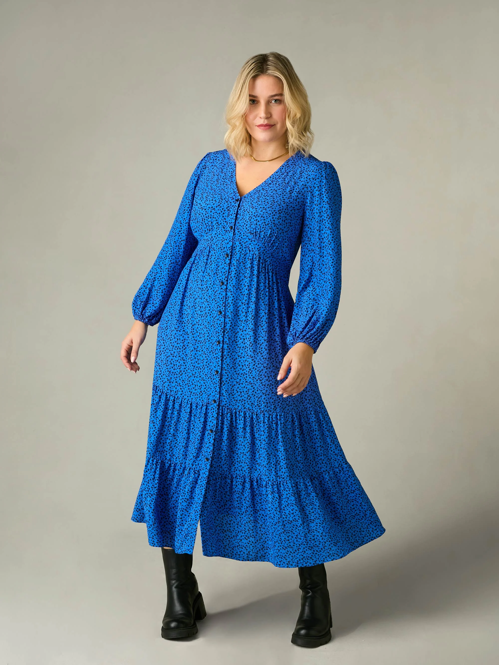 Blue Ditsy Button Front Midaxi Dress - Image 8
