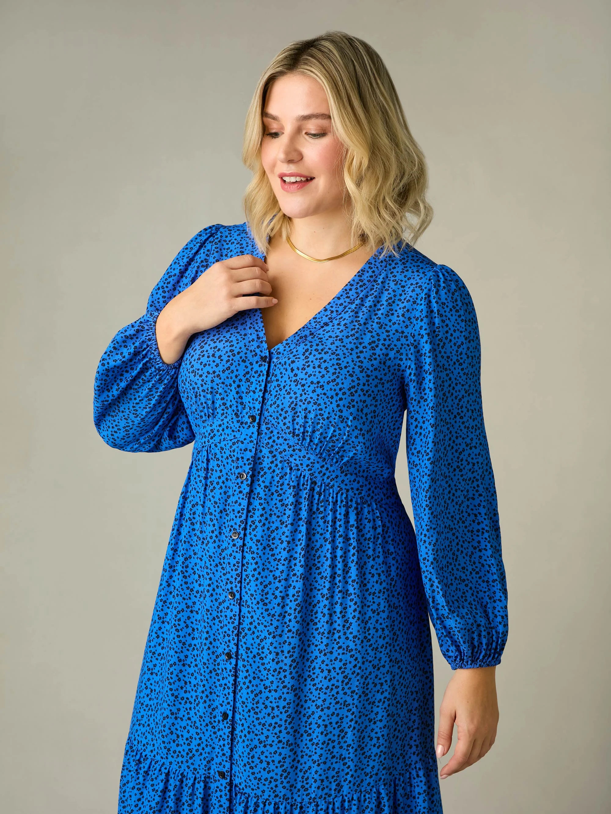 Blue Ditsy Button Front Midaxi Dress - Image 9