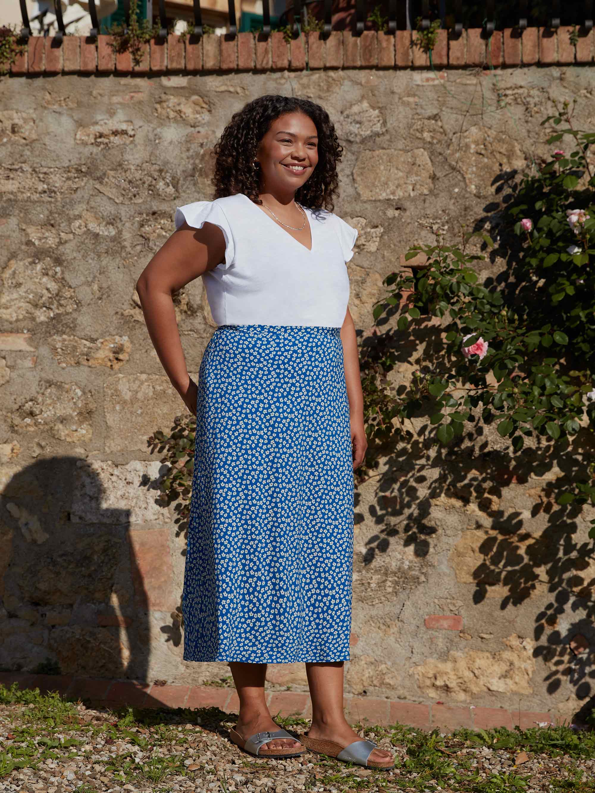 Blue Ditsy Floral Print Jersey Midi Skirt - Image 2
