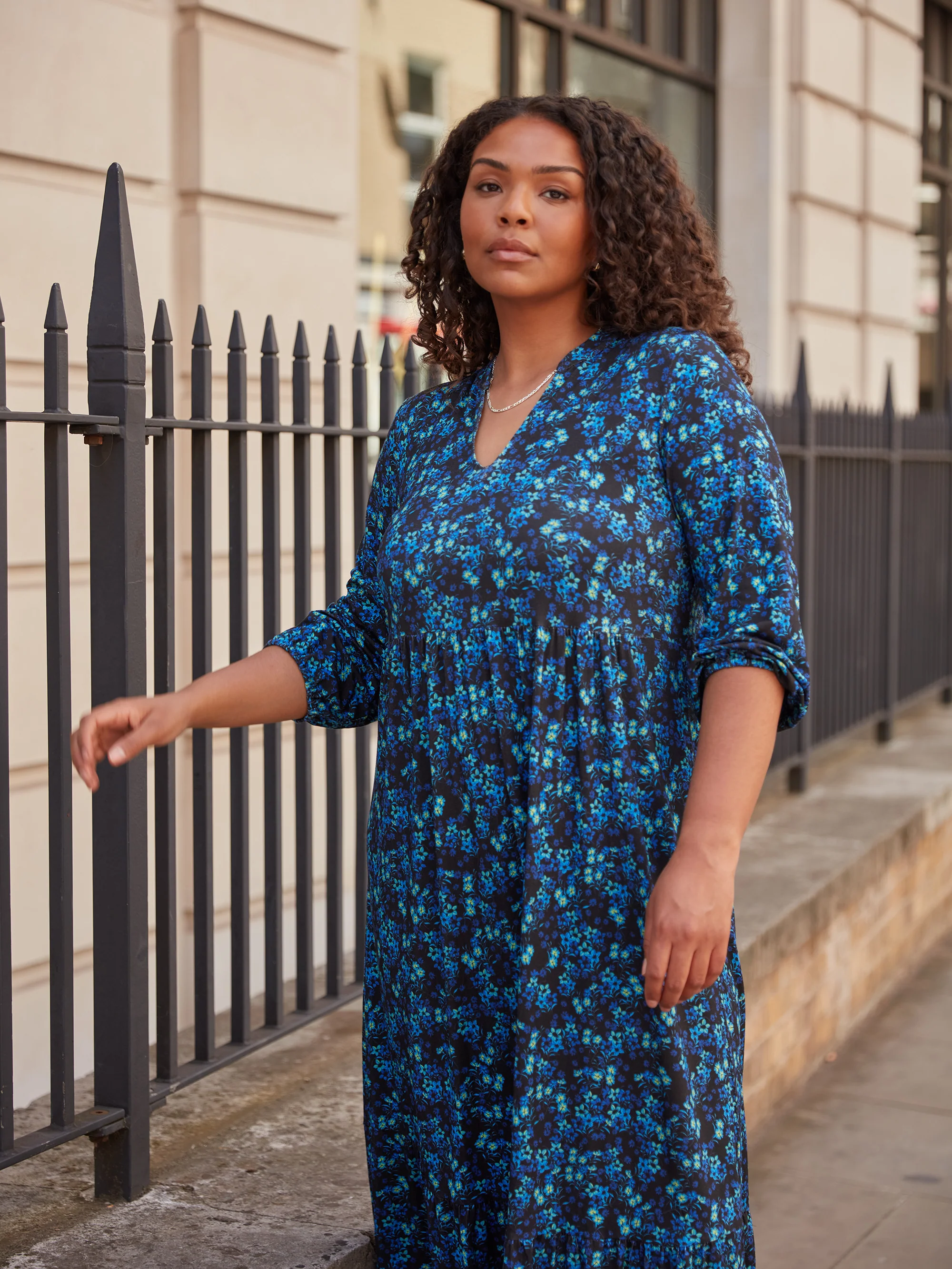 Blue Ditsy Jersey Nehru Collar Midi Dress - Image 2