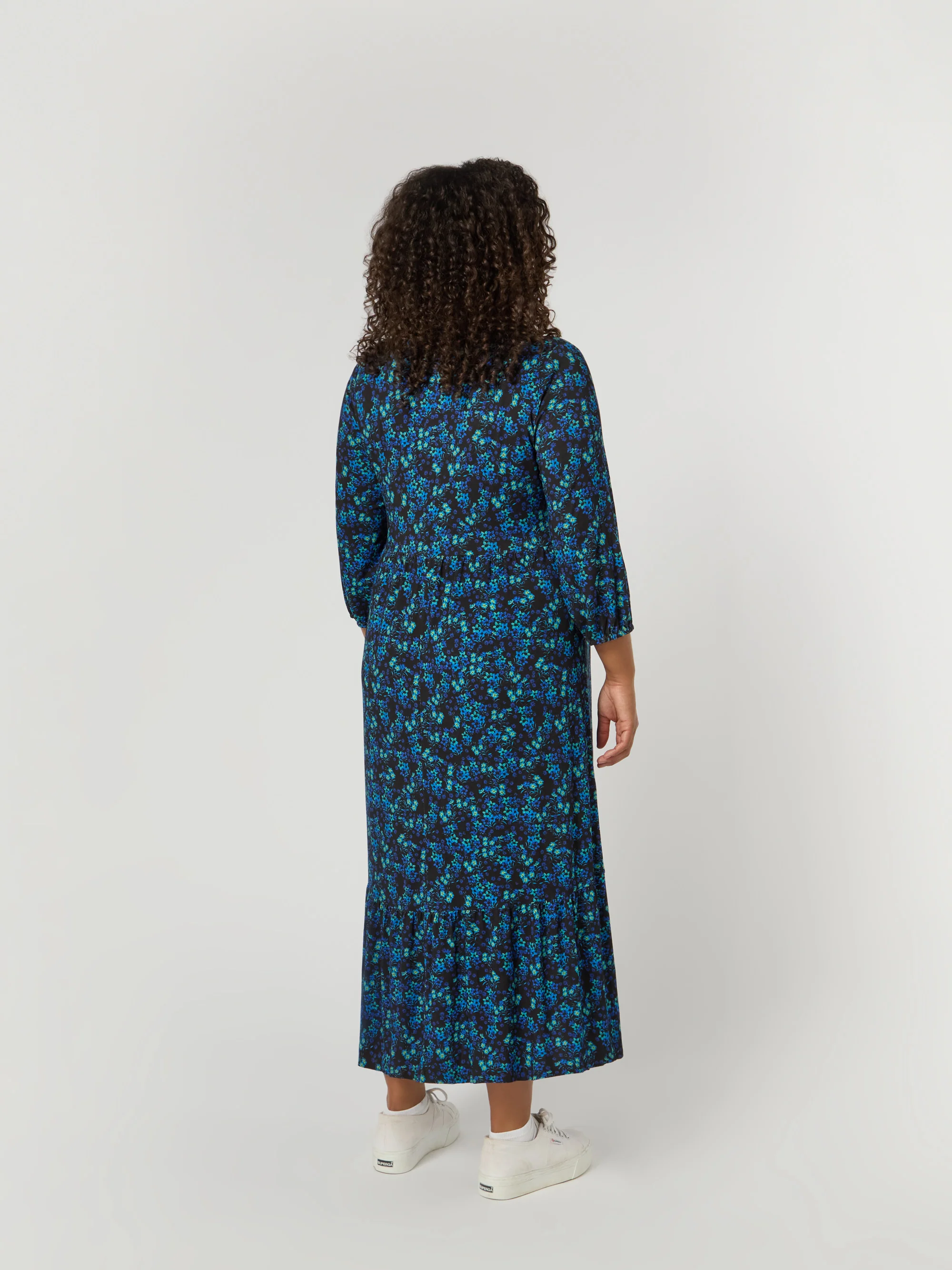 Blue Ditsy Jersey Nehru Collar Midi Dress - Image 6