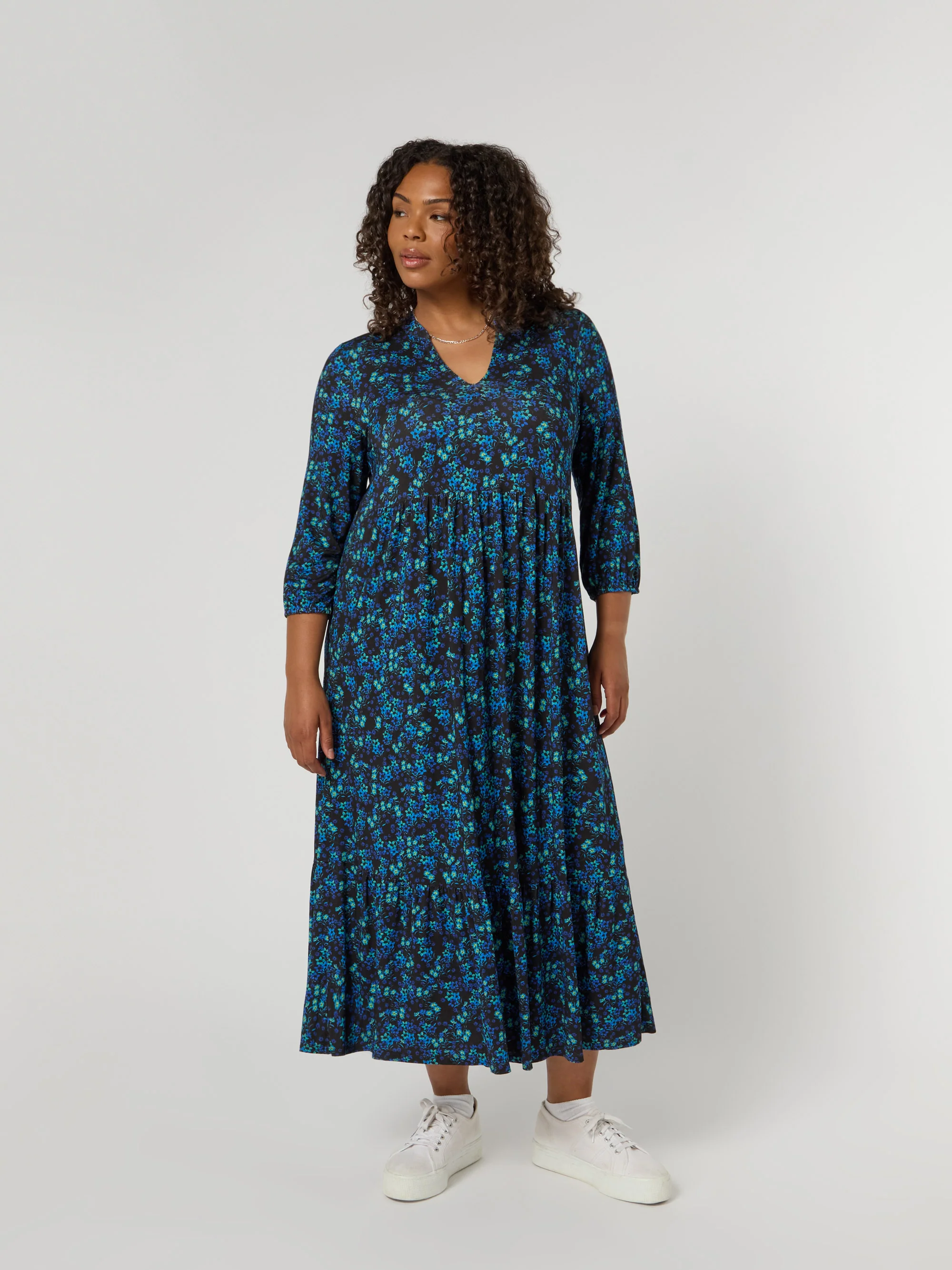 Blue Ditsy Jersey Nehru Collar Midi Dress - Image 7