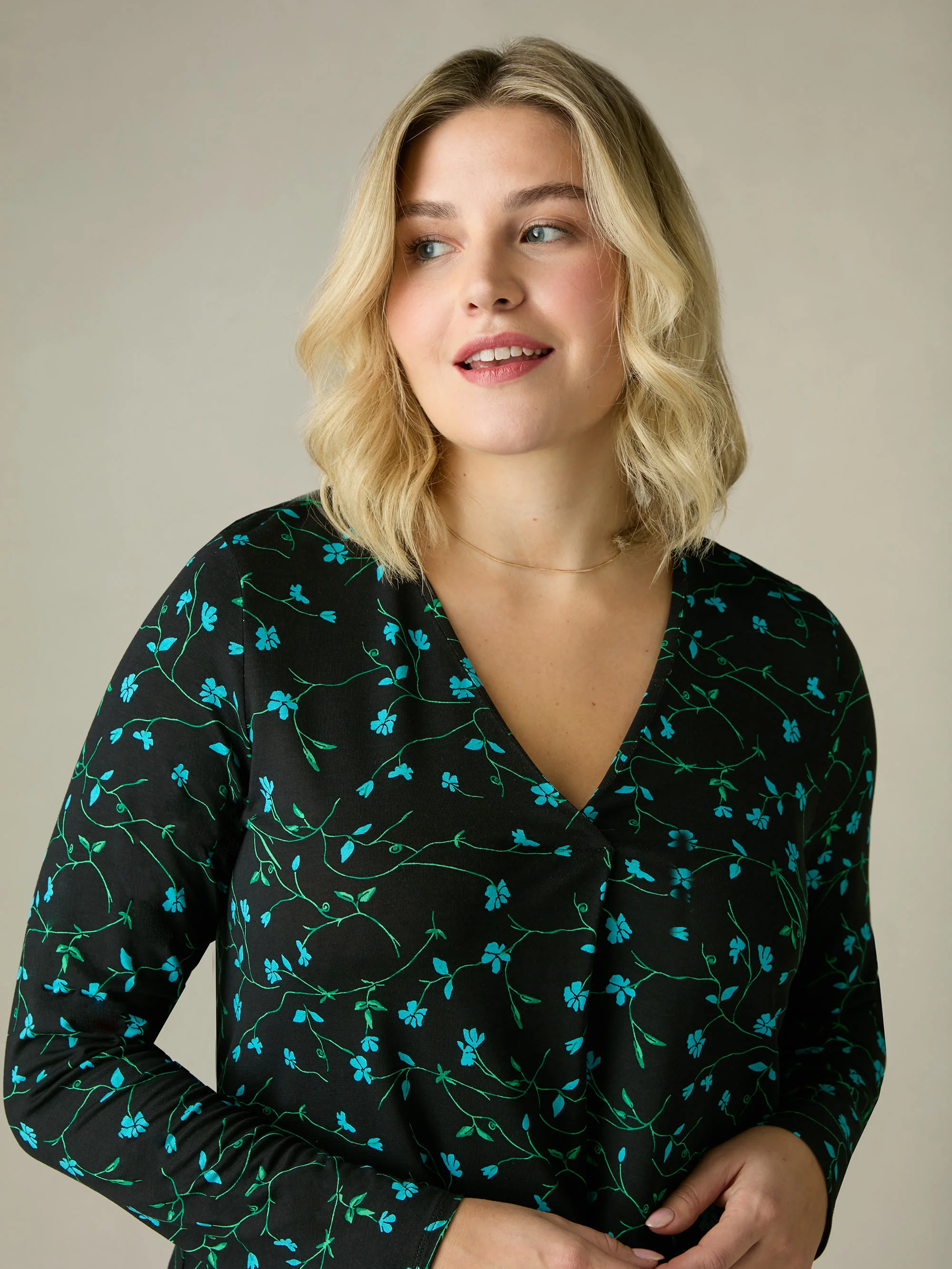 Blue Ditsy Print Jersey Pleat Front Top - Image 2