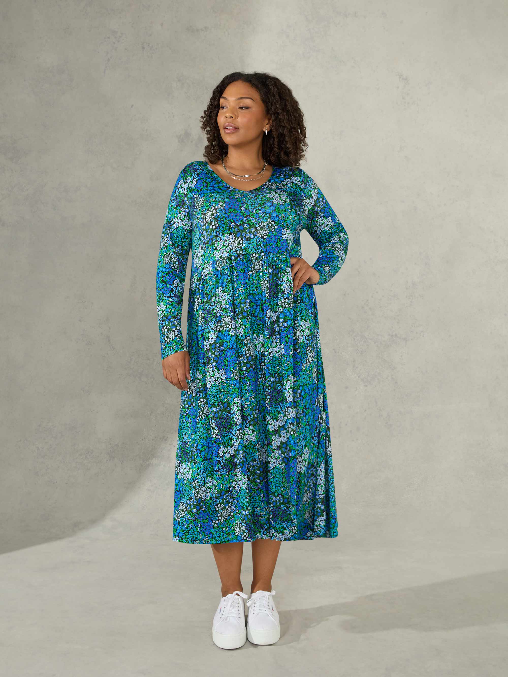 Blue Ditsy Print Jersey V-Neck Swing Midi Dress - Image 3