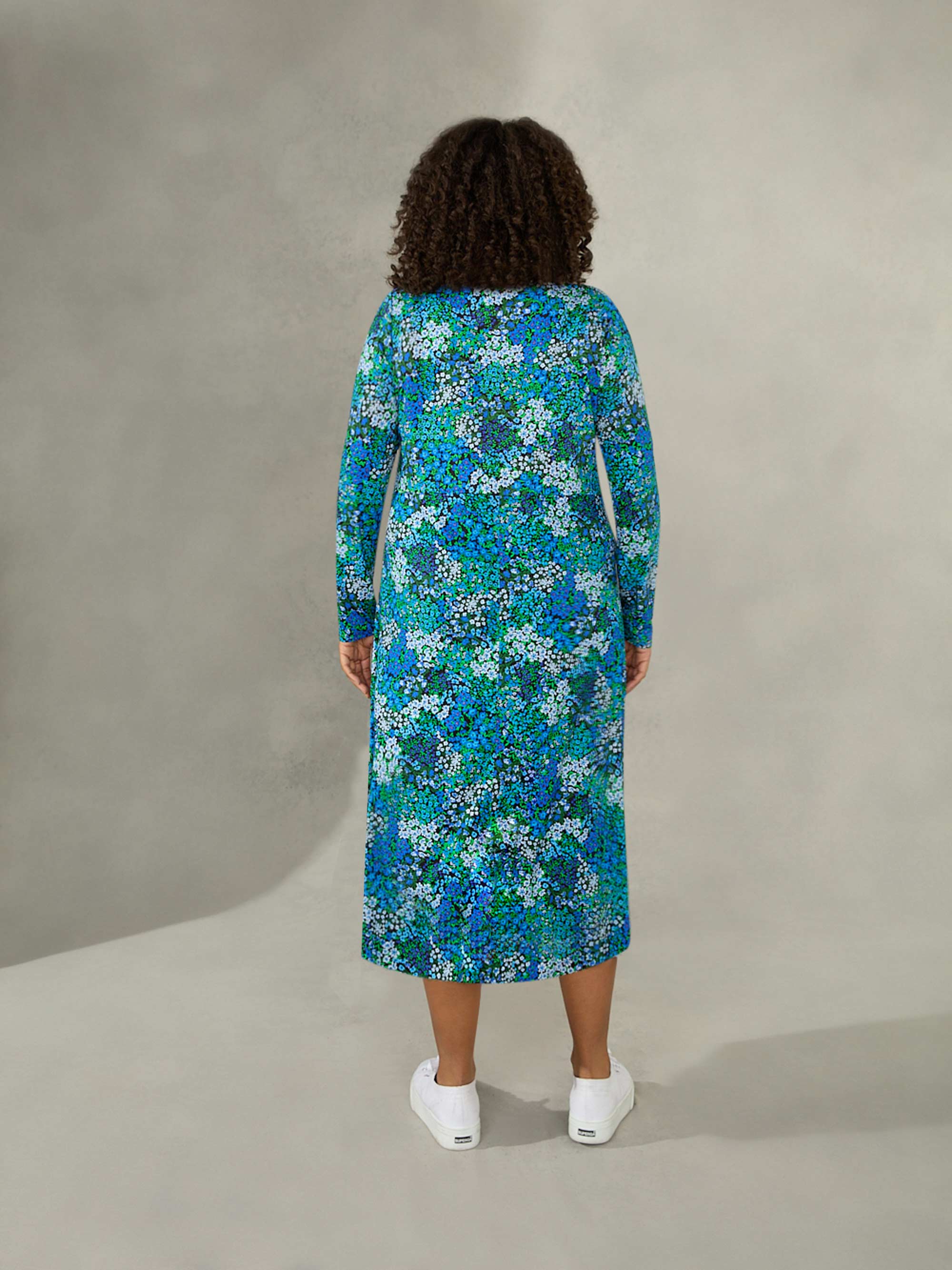Blue Ditsy Print Jersey V-Neck Swing Midi Dress - Image 5