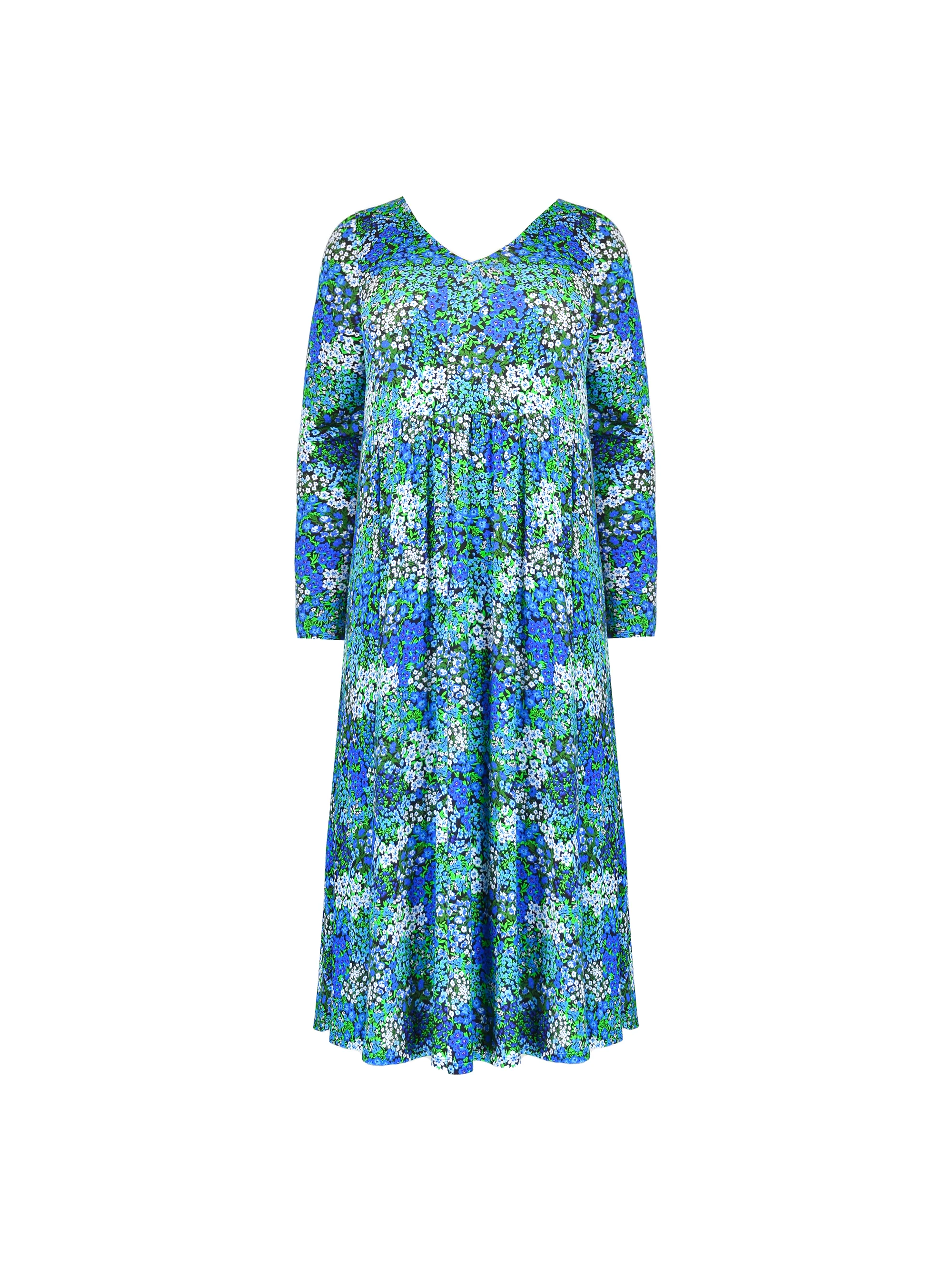 Blue Ditsy Print Jersey V-Neck Swing Midi Dress - Image 6