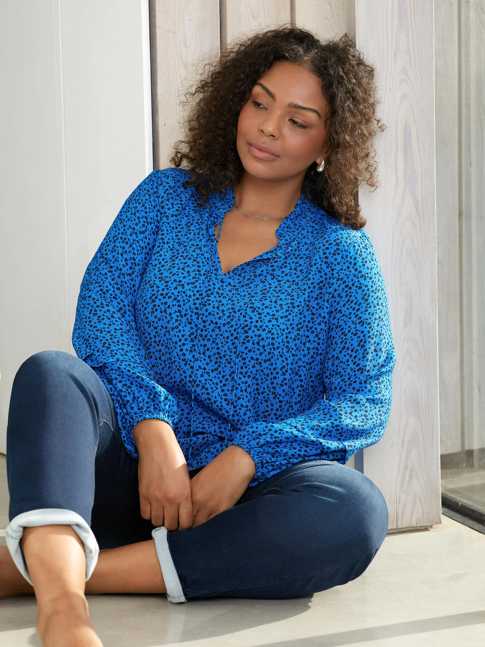 Blue Ditsy Print Pleat Sleeve Blouse - Image 2