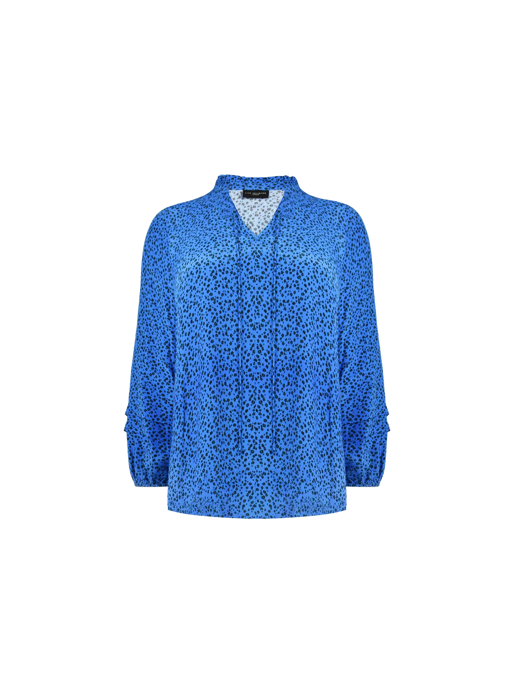 Blue Ditsy Print Pleat Sleeve Blouse - Image 8