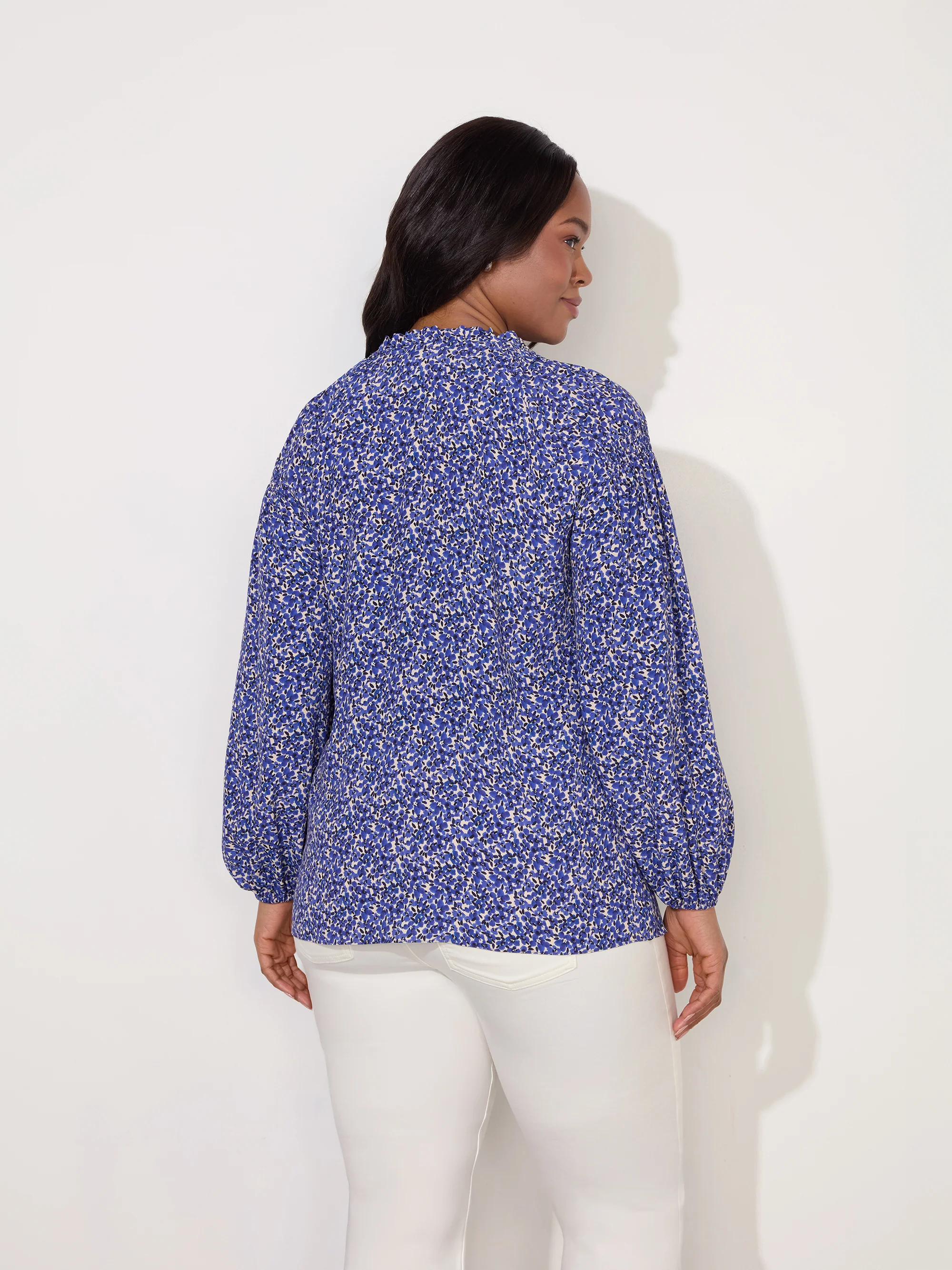 Blue Ditsy Shirred Raglan Sleeve Blouse - Image 3