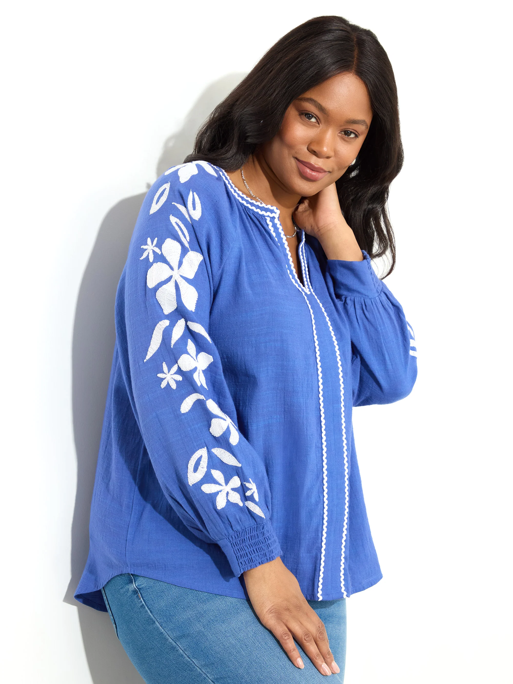 Blue Embroidered Relaxed Blouse - Image 4