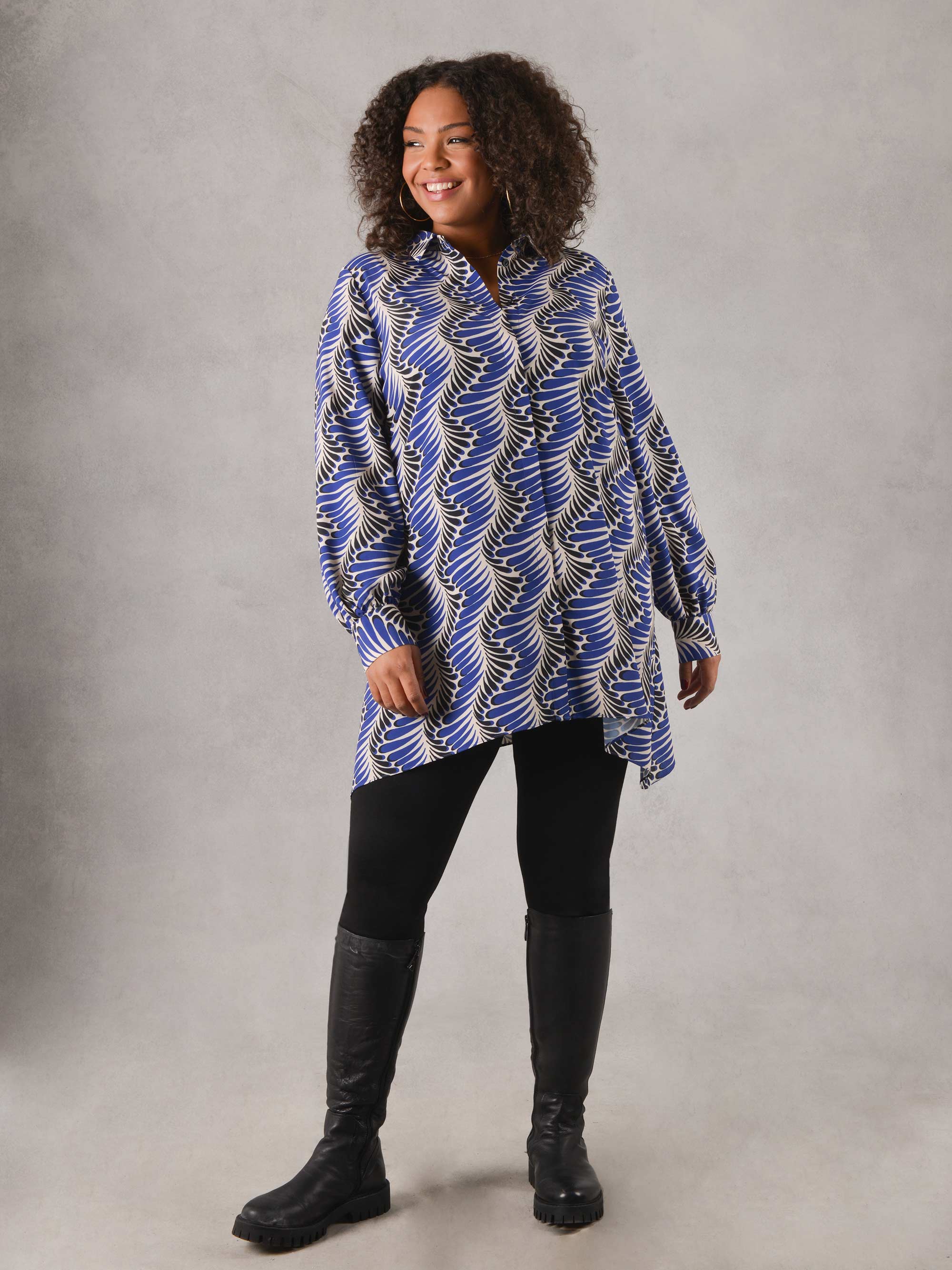 Blue Feather Print Hanky Hem Longline Shirt - Image 2