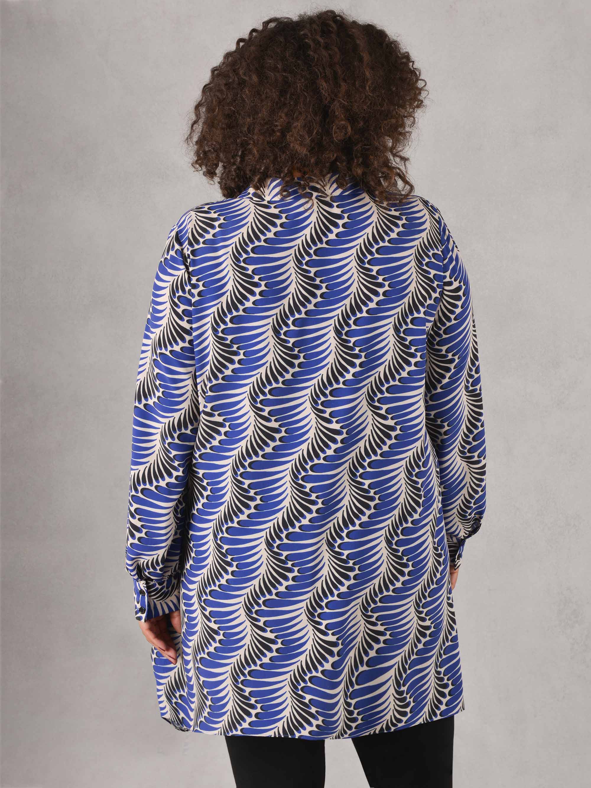 Blue Feather Print Hanky Hem Longline Shirt - Image 4