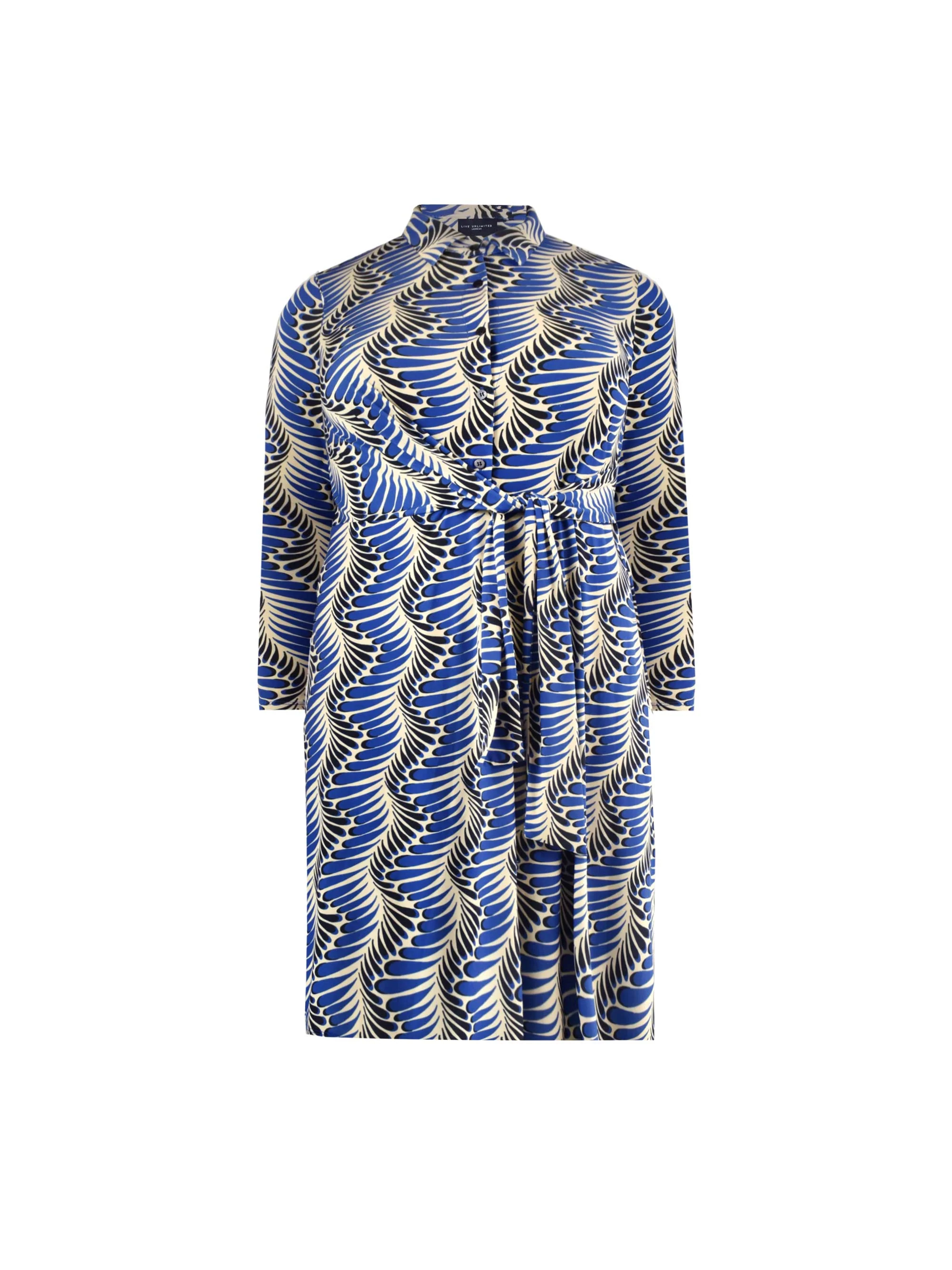 Blue Feather Print Tie Side Jersey Shirt Dress - Image 8