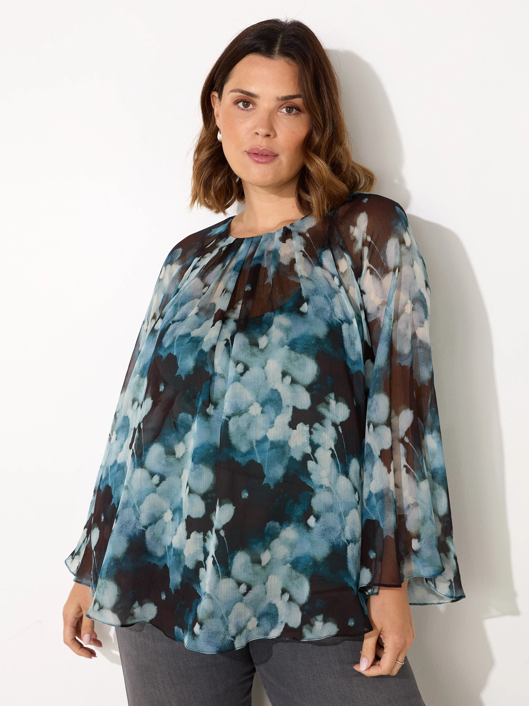 Blue Floral Crinkle Chiffon Blouse - Image 2