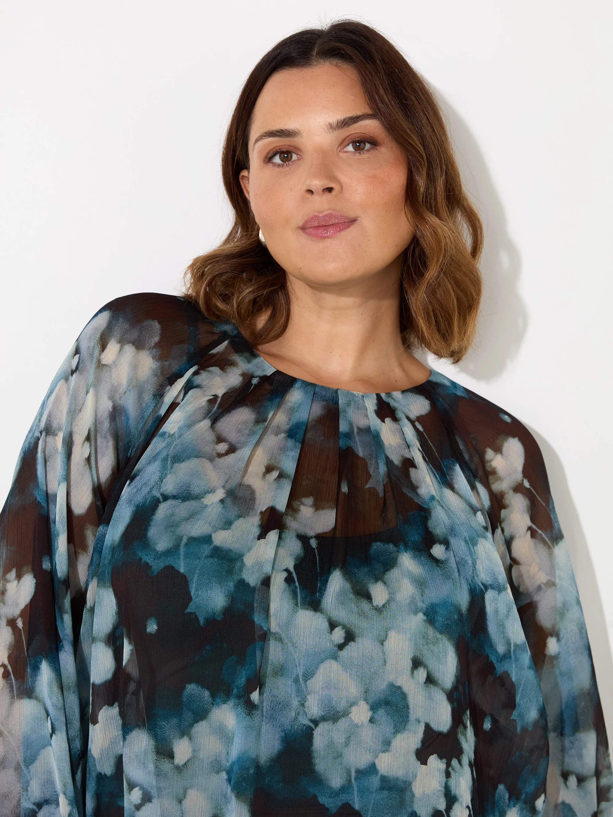 Blue Floral Crinkle Chiffon Blouse - Image 3