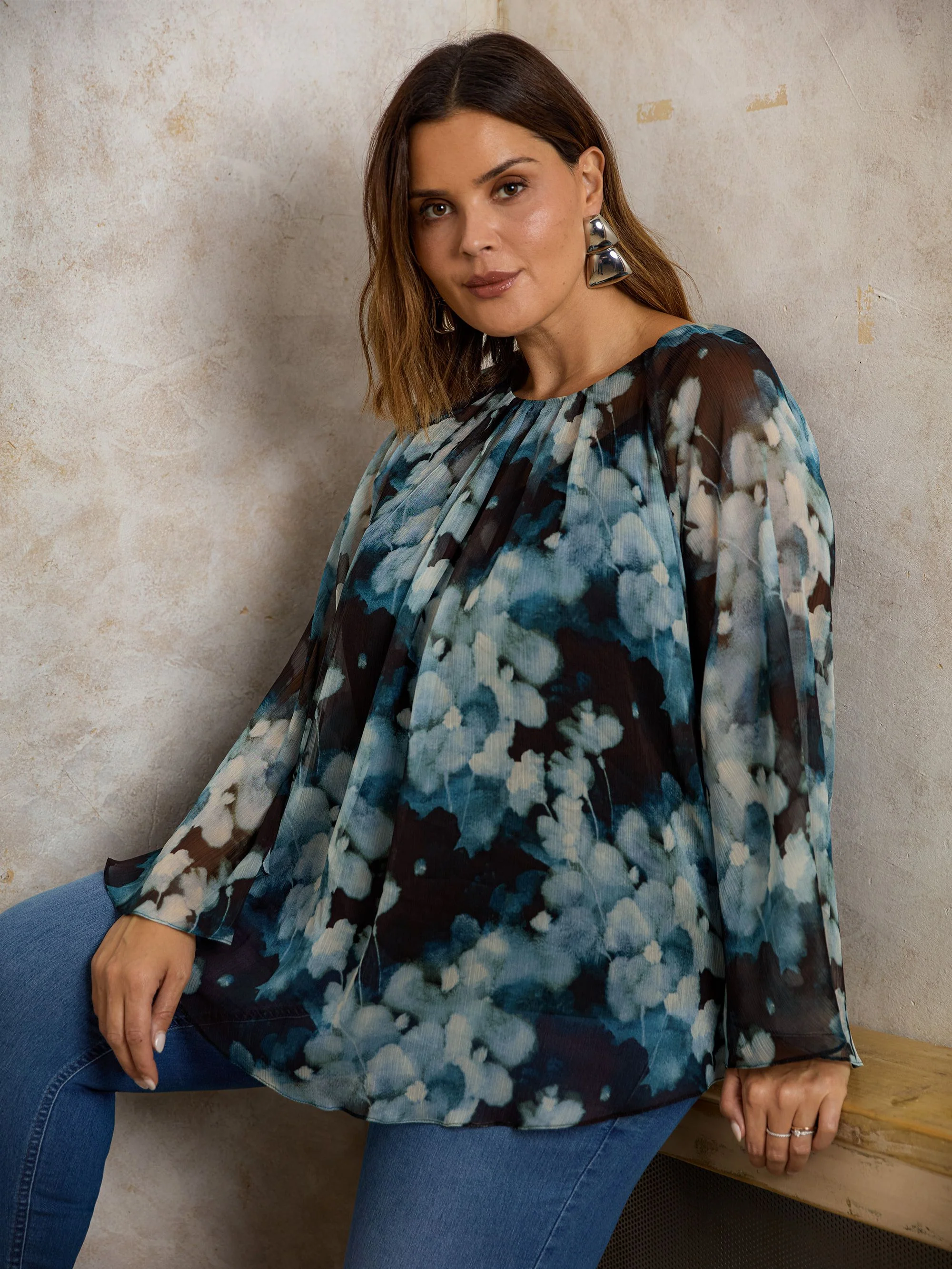 Blue Floral Crinkle Chiffon Blouse - Image 6