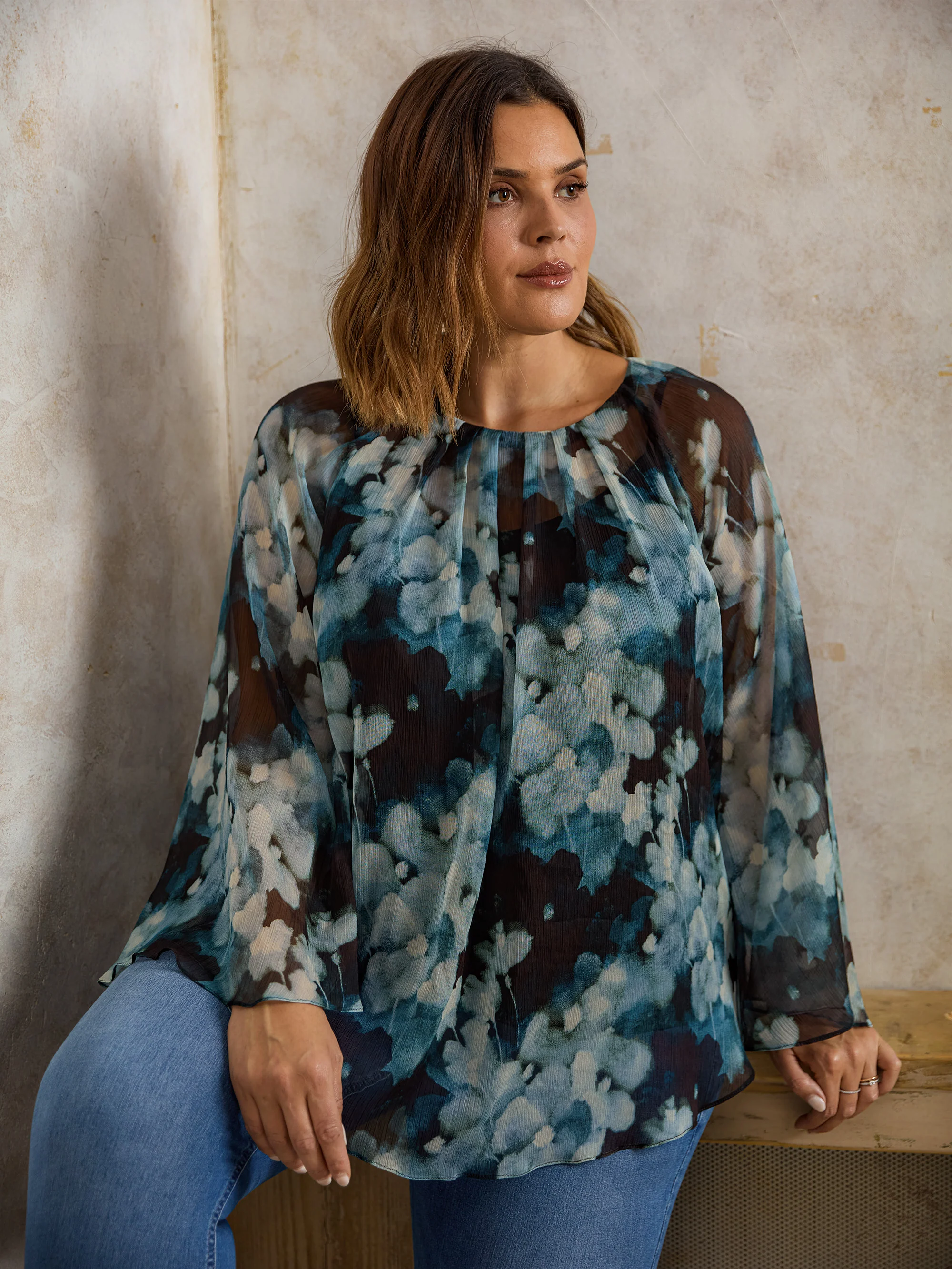 Blue Floral Crinkle Chiffon Blouse - Image 7