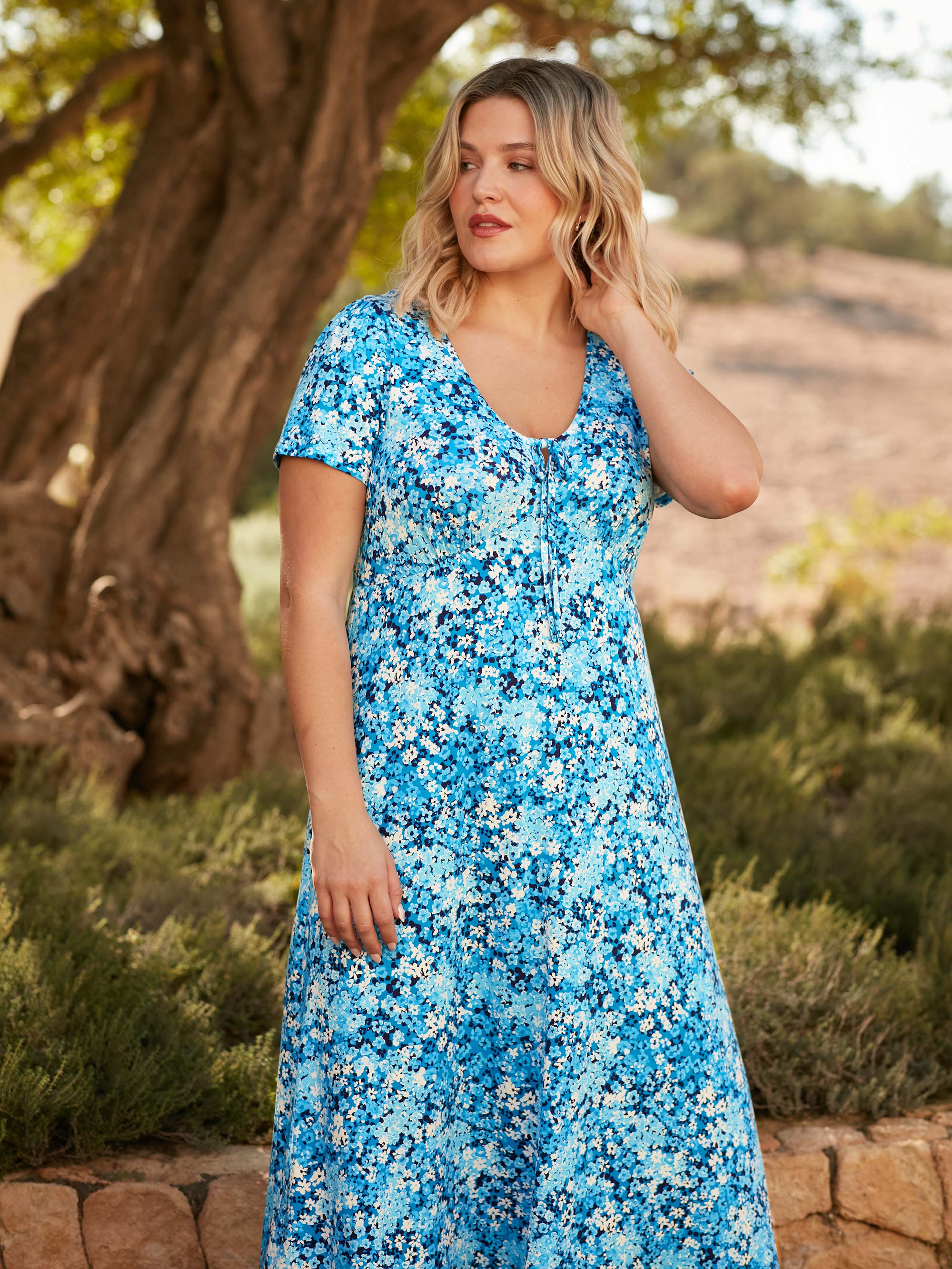 Blue Floral Jersey Tie Front Midi Dress - Image 2