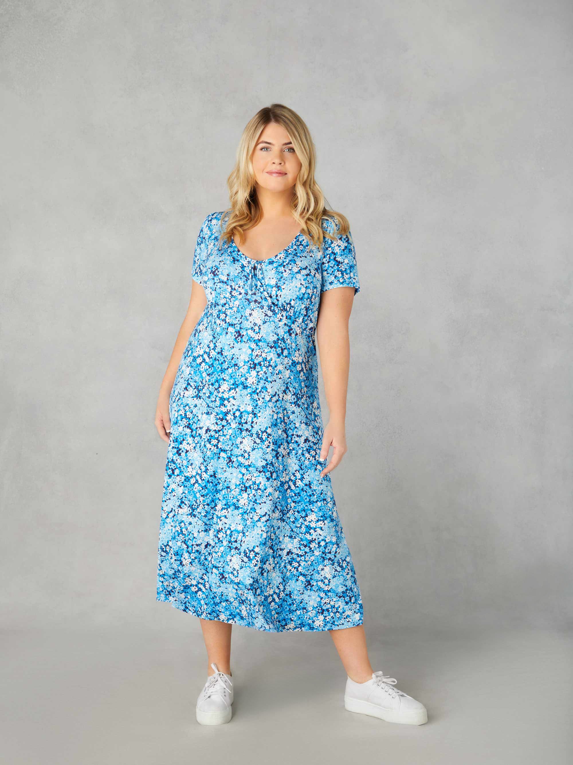 Blue Floral Jersey Tie Front Midi Dress - Image 3