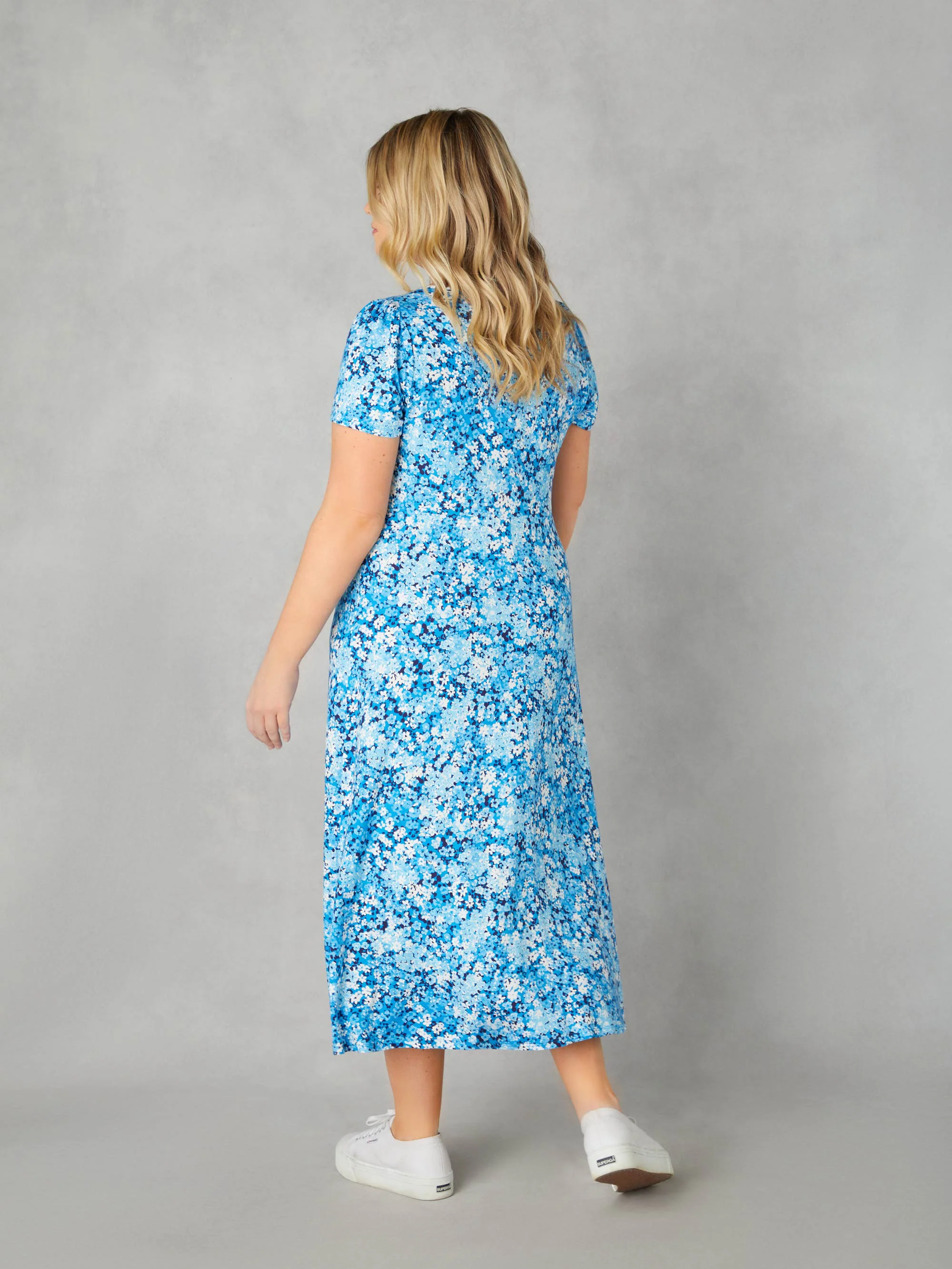 Blue Floral Jersey Tie Front Midi Dress - Image 6