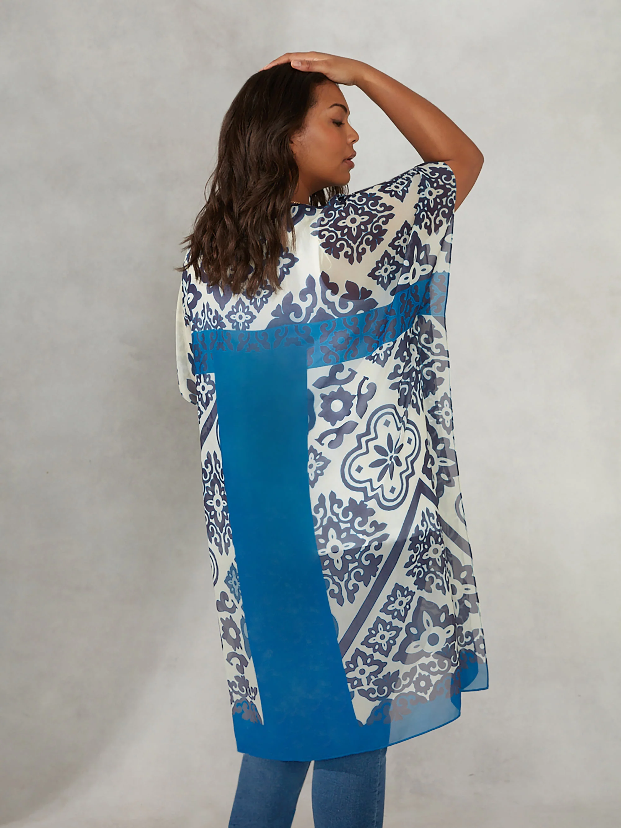 Blue Floral Placement Print Longline Kimono - Image 3