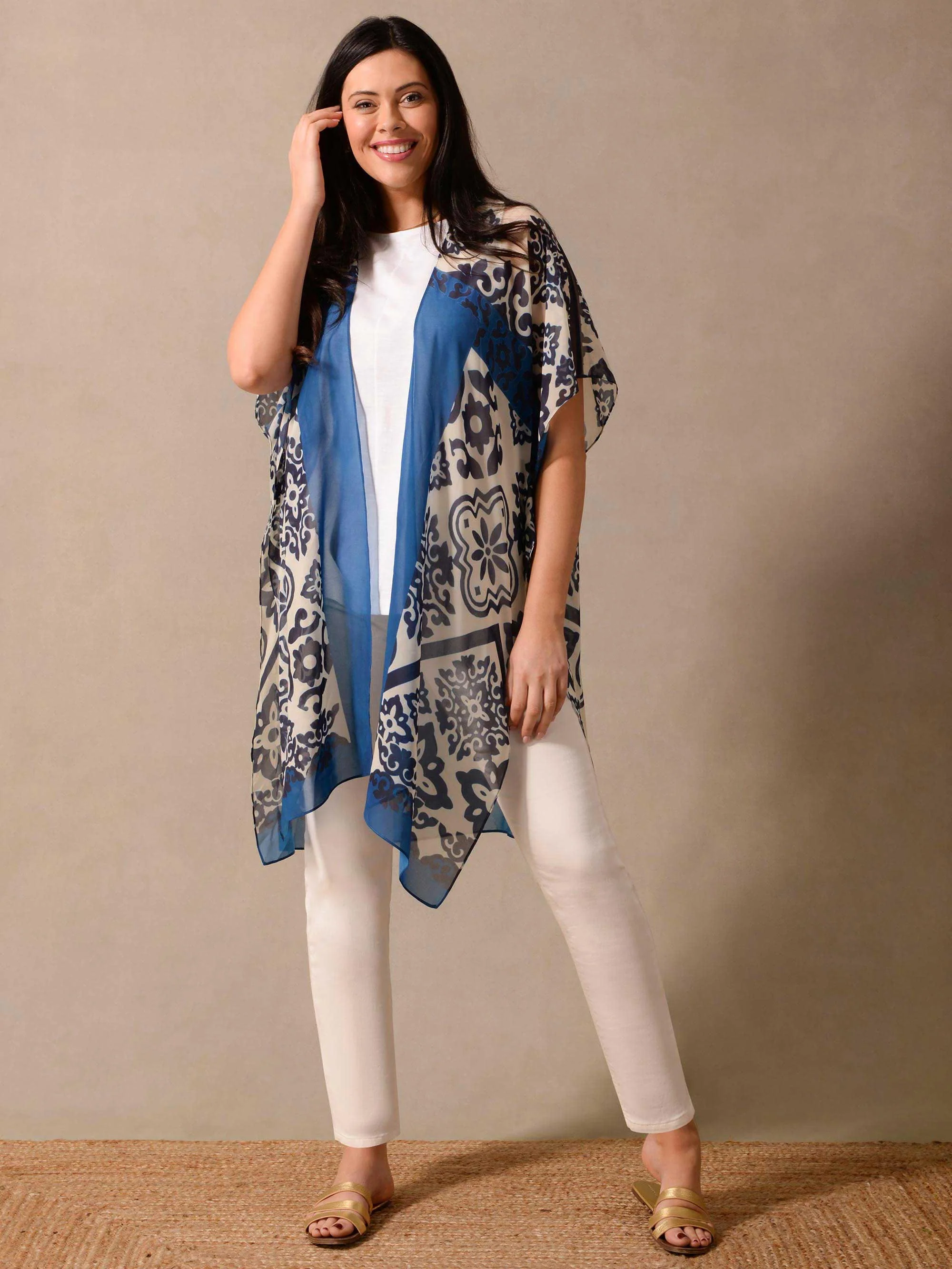 Blue Floral Placement Print Longline Kimono - Image 4
