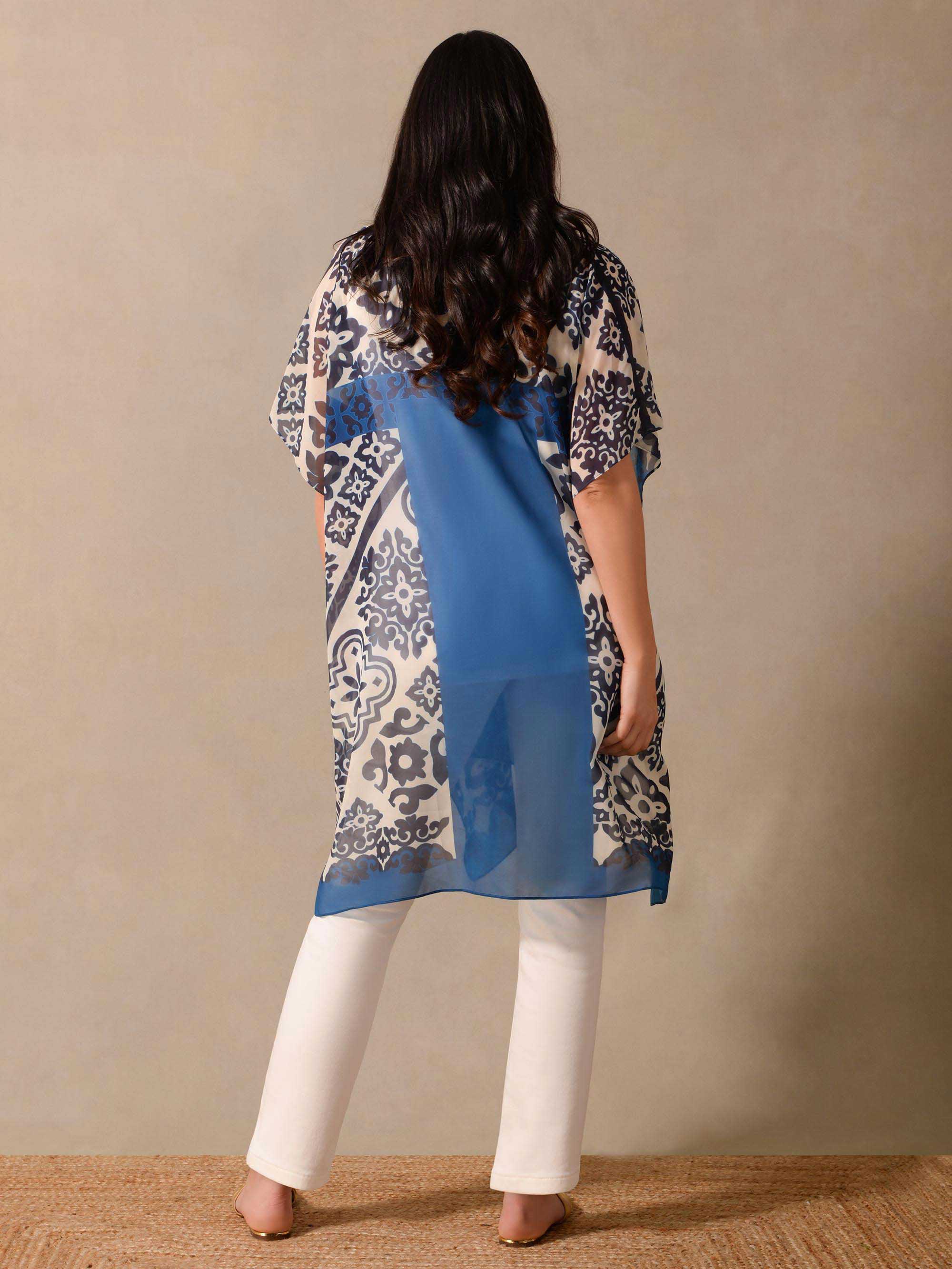 Blue Floral Placement Print Longline Kimono - Image 6
