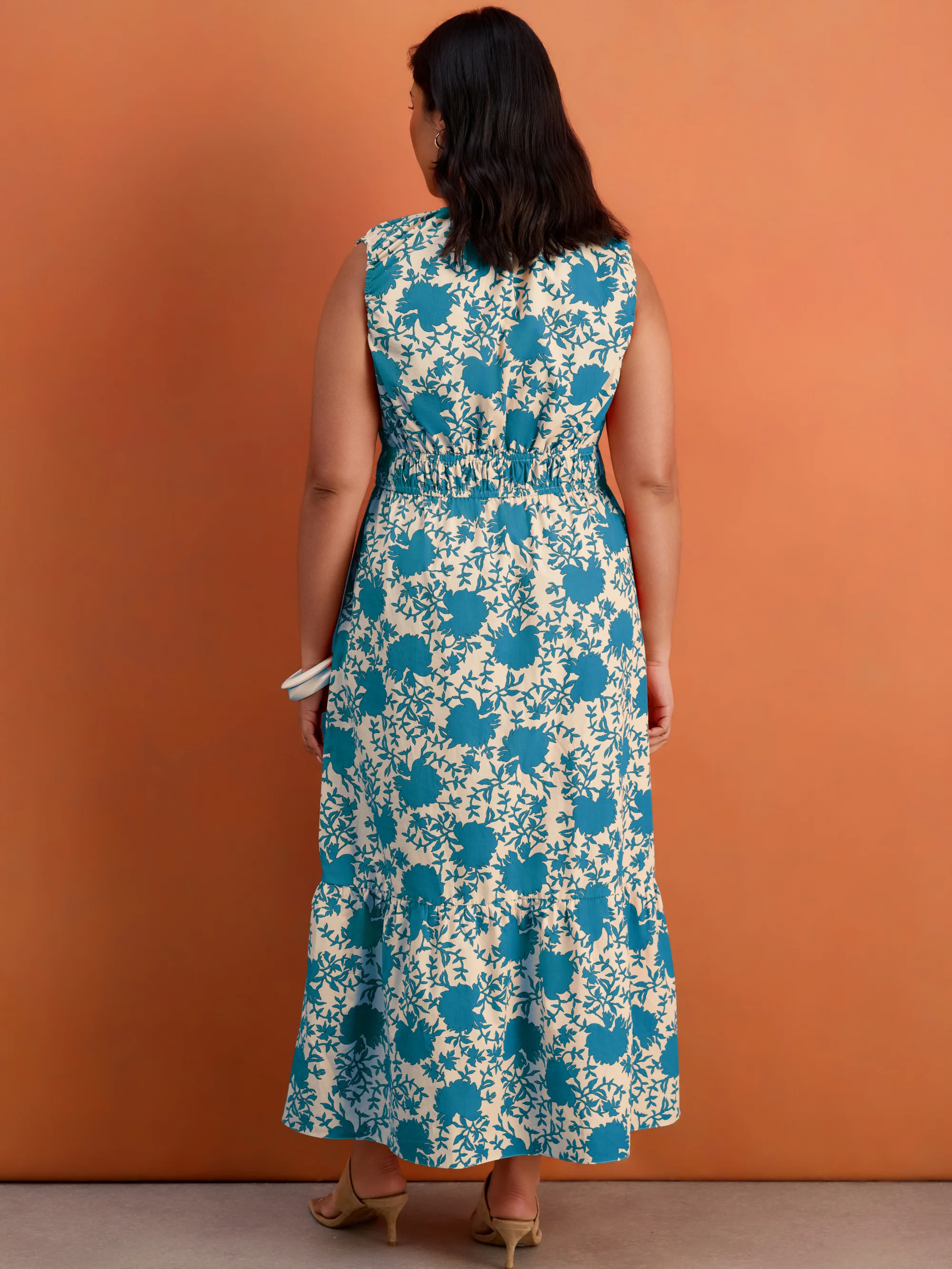 Blue Floral Print Cotton V Neck Ruched Maxi Dress - Image 3